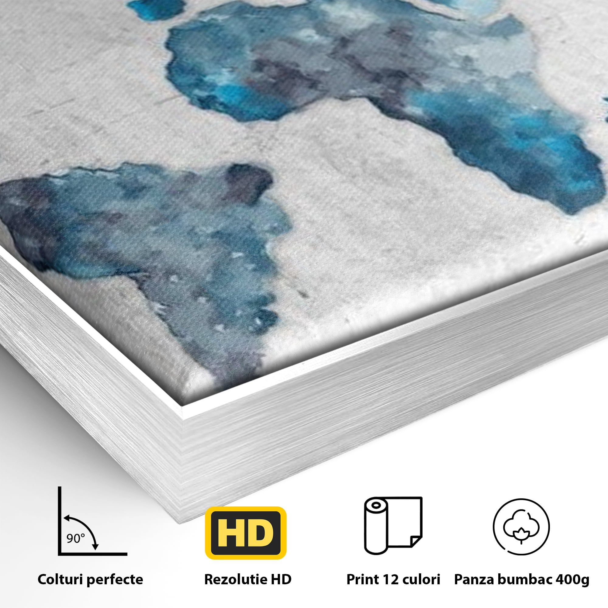 Detaliu al suprafetei: tablou canvas cu harta lumii, in rama de aluminiu argintiu
