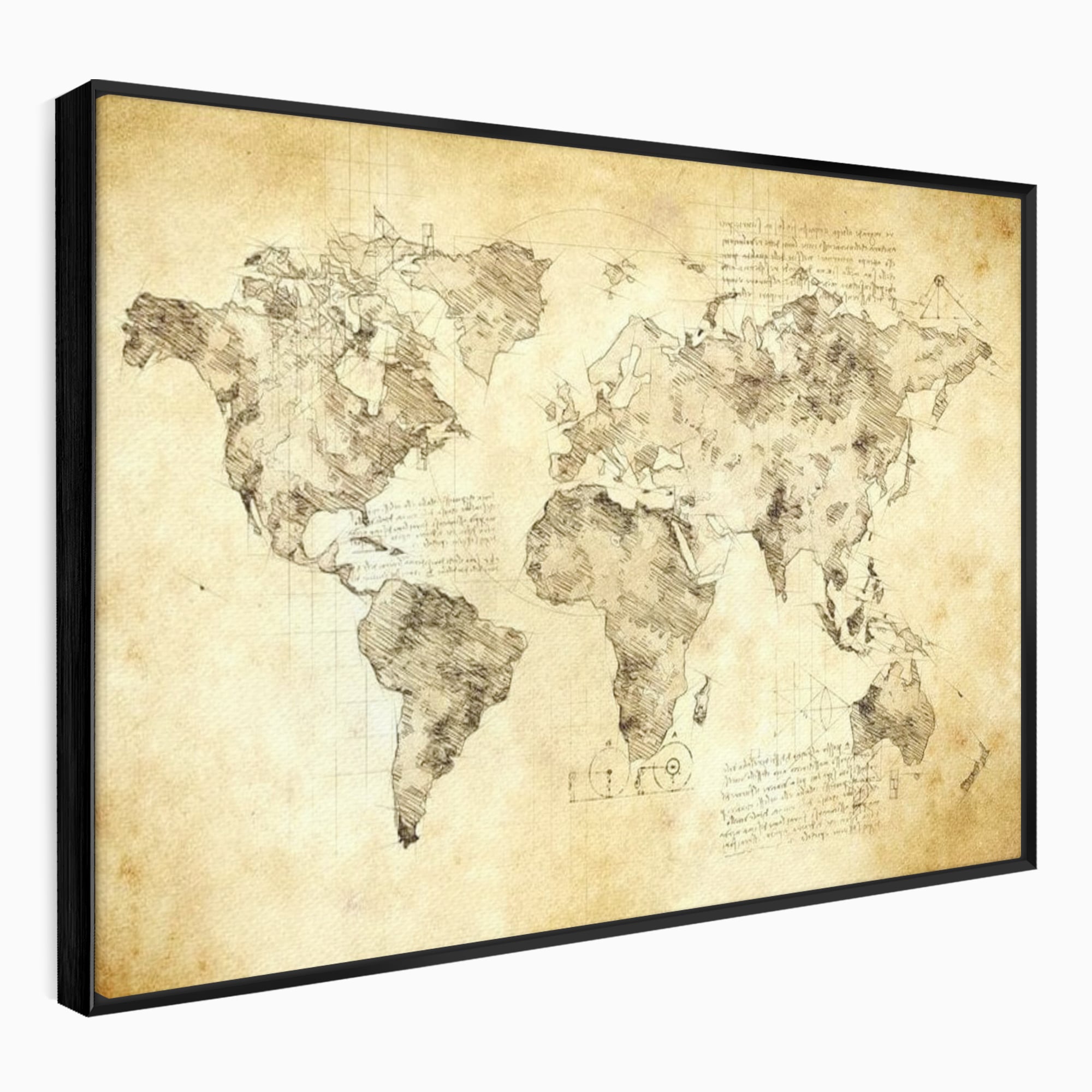 Tablou canvas cu harta lumii stil vechi pe panza, in rama de aluminiu negru