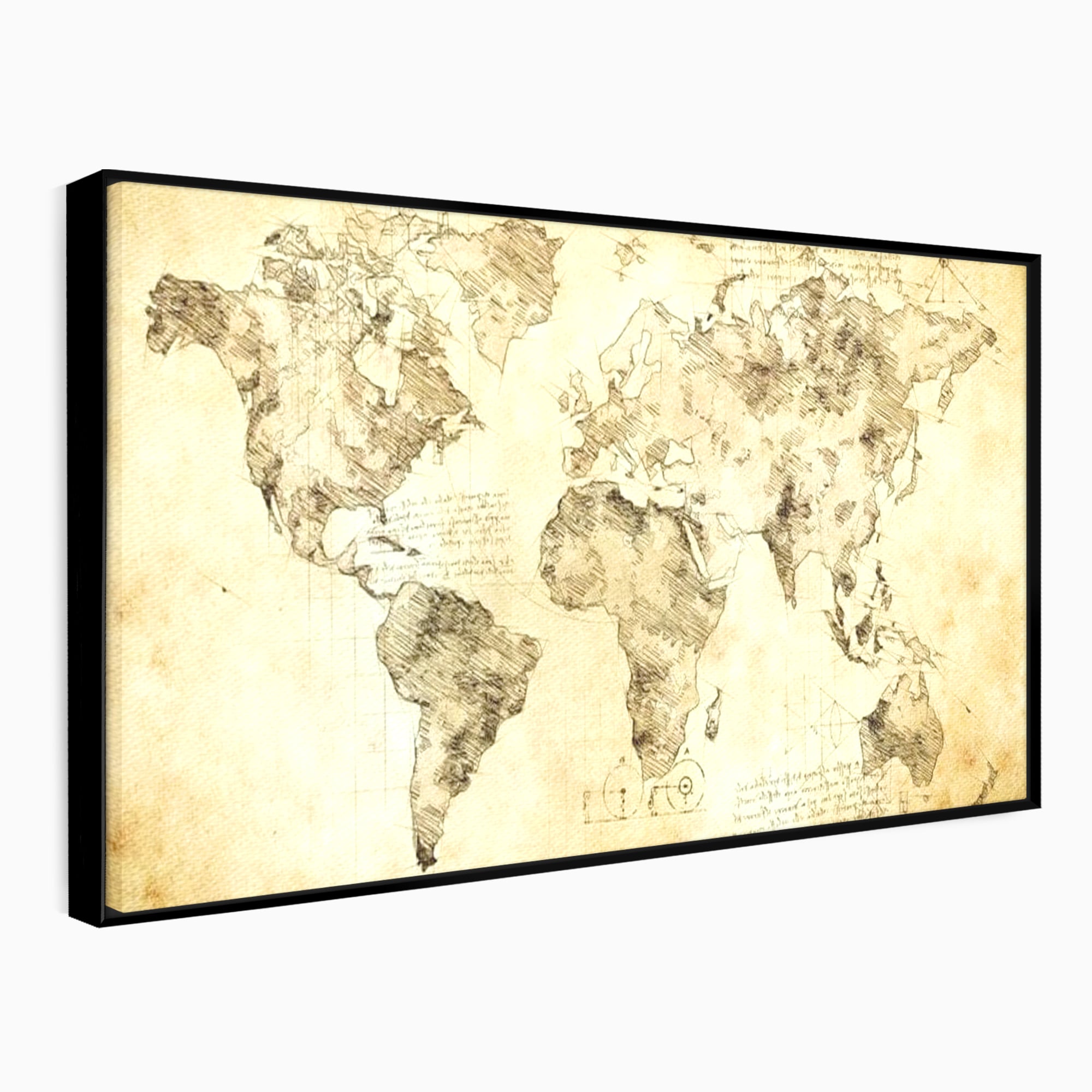 Tablou canvas cu harta lumii stil vechi pe panza, in rama de aluminiu negru