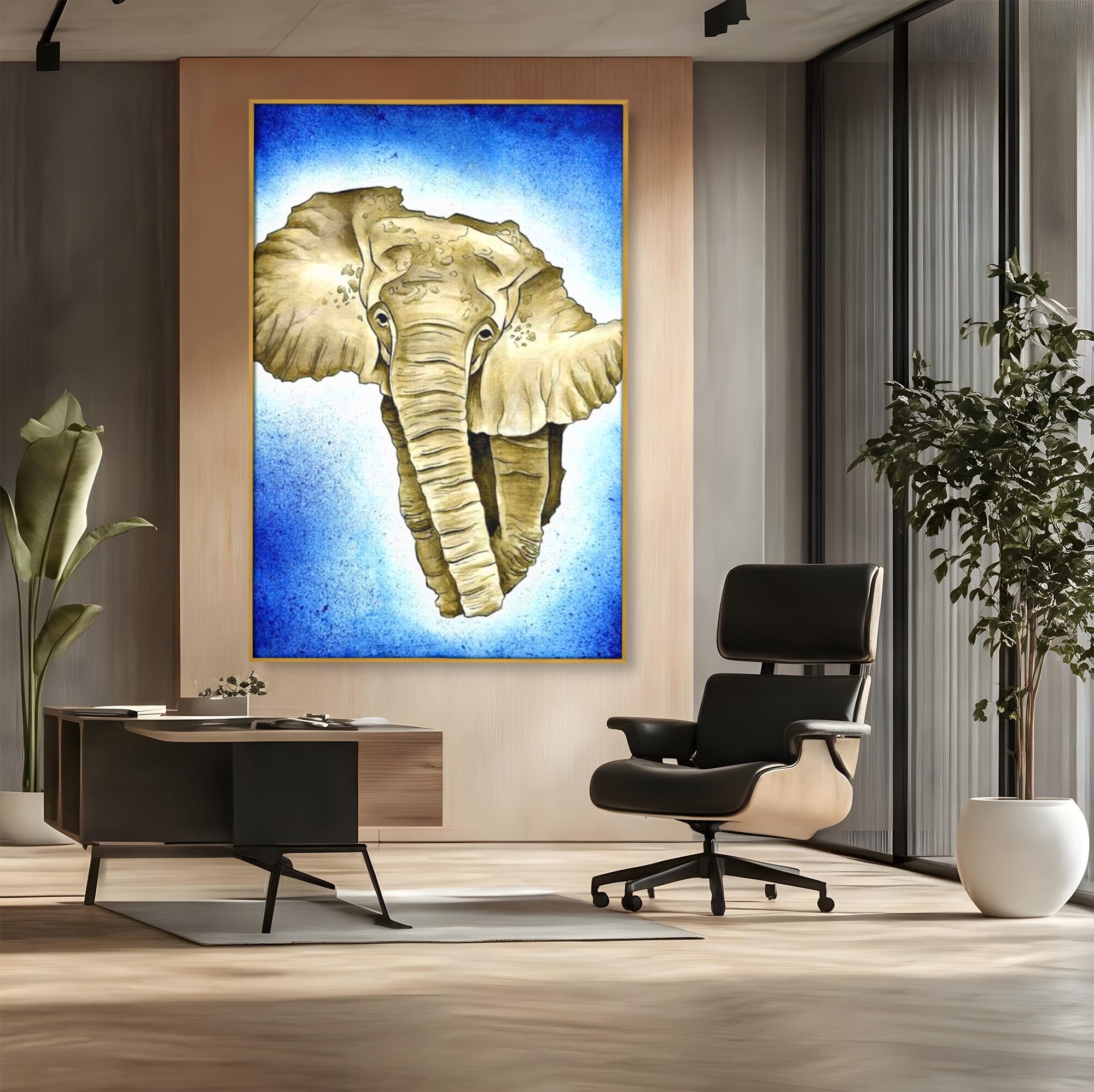 Tablou canvas cu tablou canvas cu cap de elefant, in rama de aluminiu auriu, pe perete intr-un birou