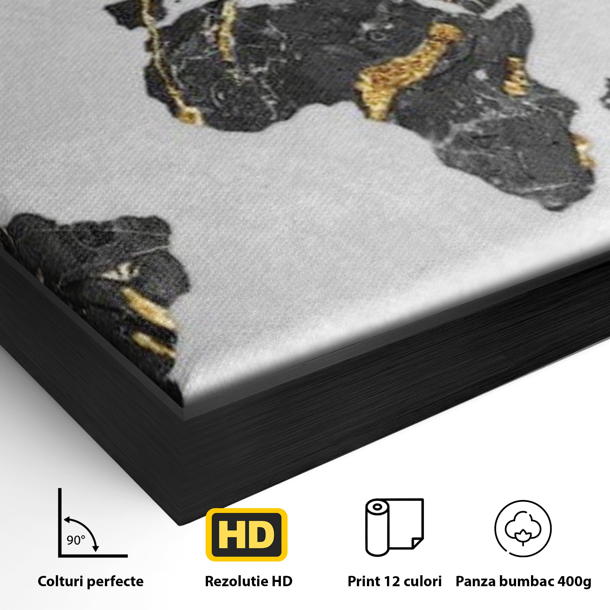 Detaliu al suprafetei: tablou canvas cu harta lumii, in rama de aluminiu negru