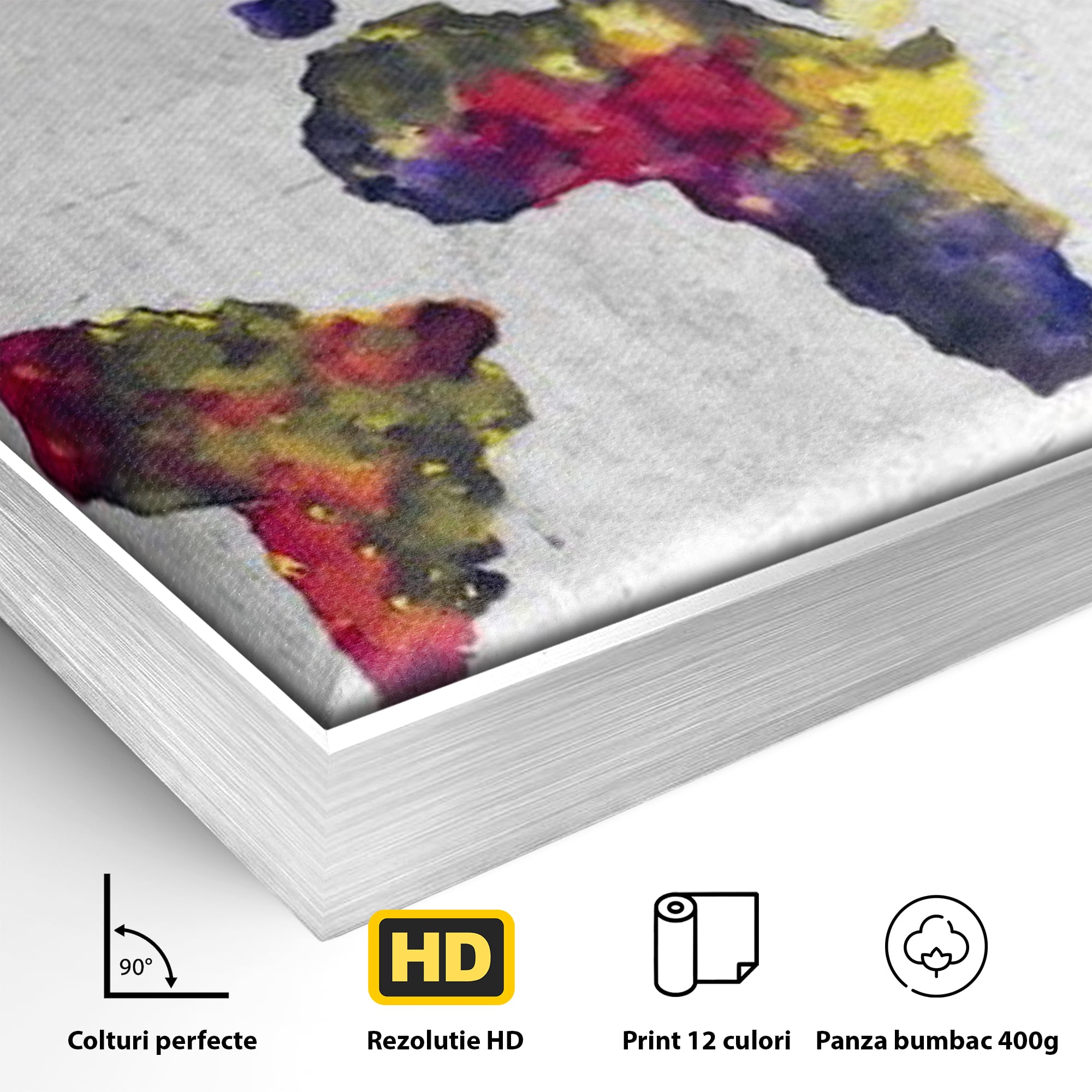Detaliu al suprafetei: tablou canvas cu harta lumii in acuarela, in rama de aluminiu argintiu