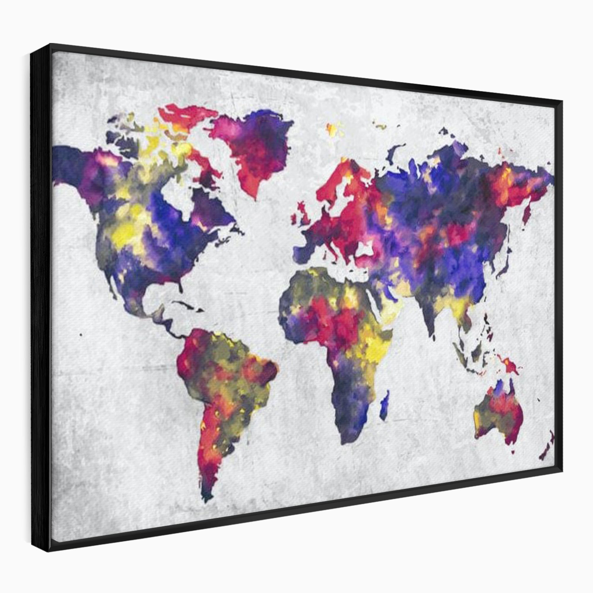Tablou canvas cu tablou canvas cu harta lumii in acuarela, in rama de aluminiu negru
