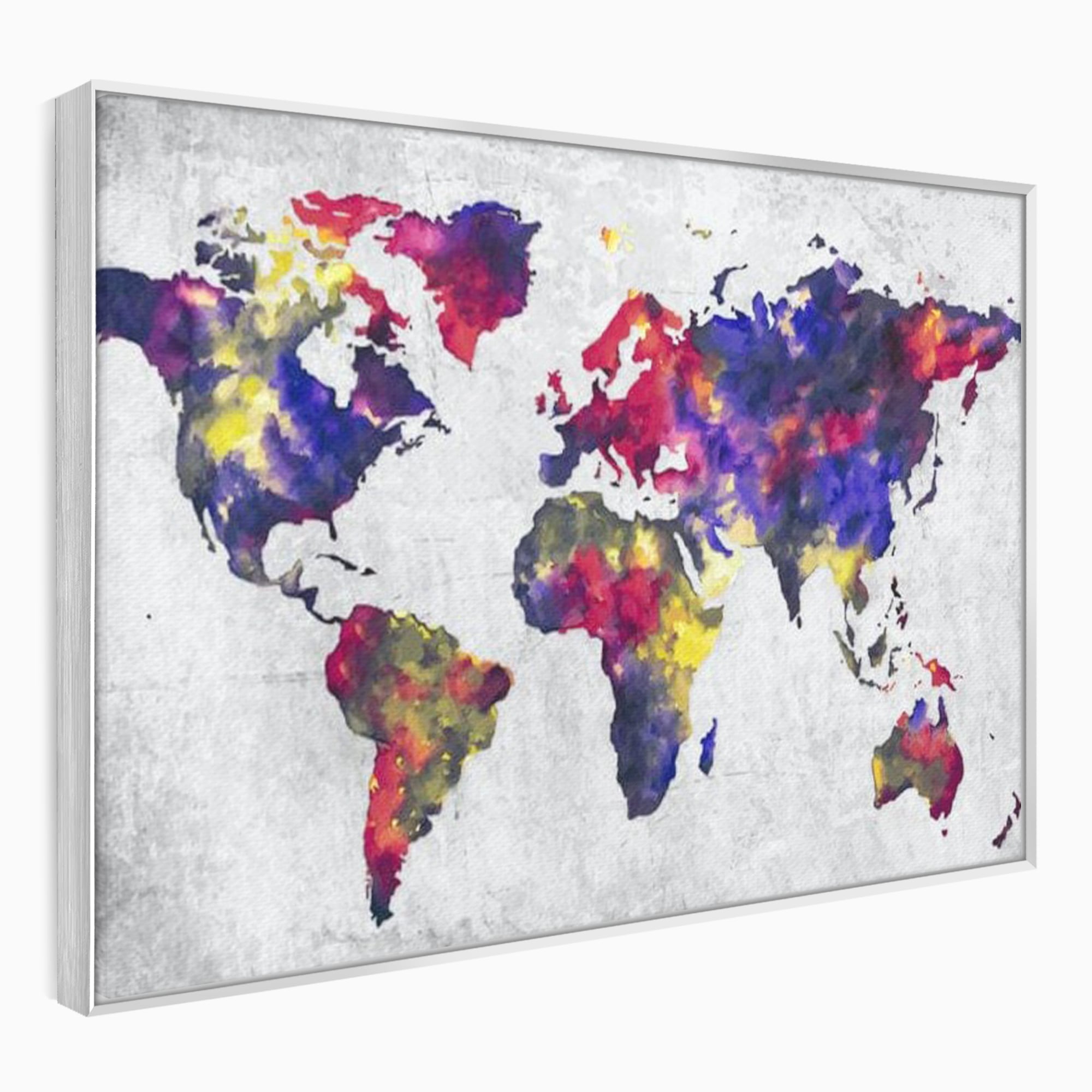 Tablou canvas cu tablou canvas cu harta lumii in acuarela, in rama de aluminiu argintiu