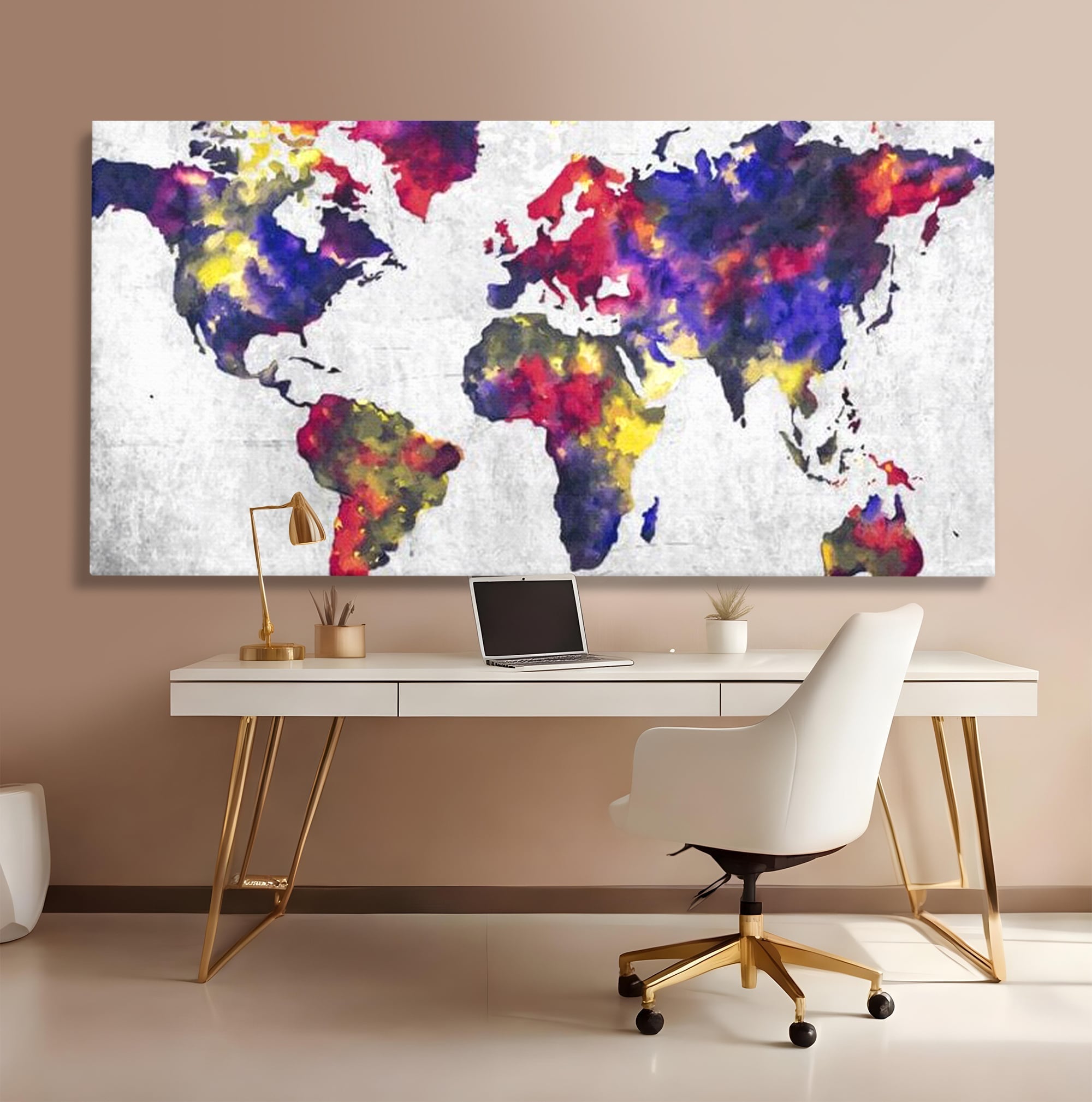 Tablou canvas cu tablou canvas cu harta lumii in acuarela, fara rama, pe sasiu de lemn, pe perete intr-un birou