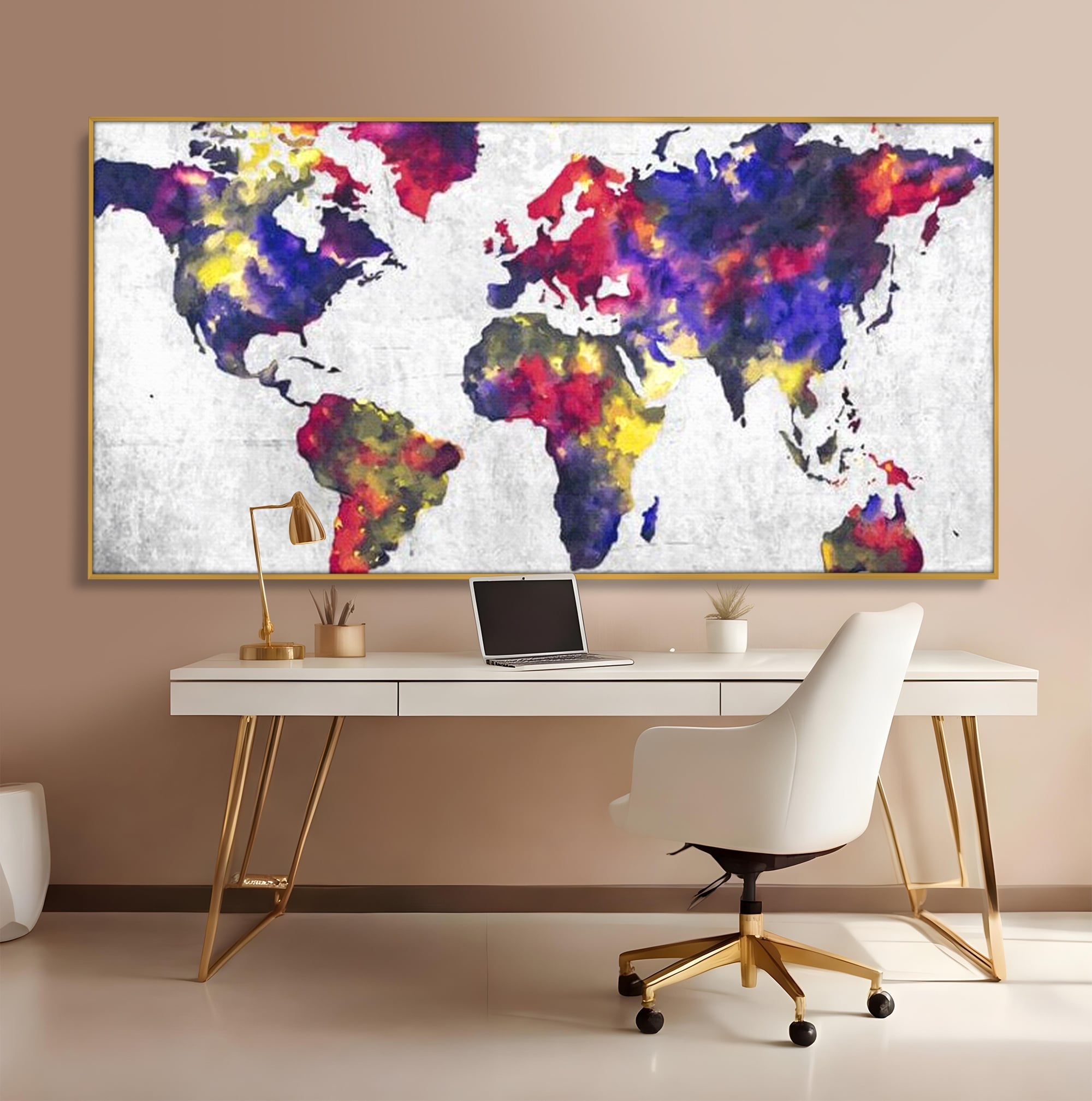 Tablou canvas cu tablou canvas cu harta lumii in acuarela, in rama de aluminiu auriu, pe perete intr-un birou
