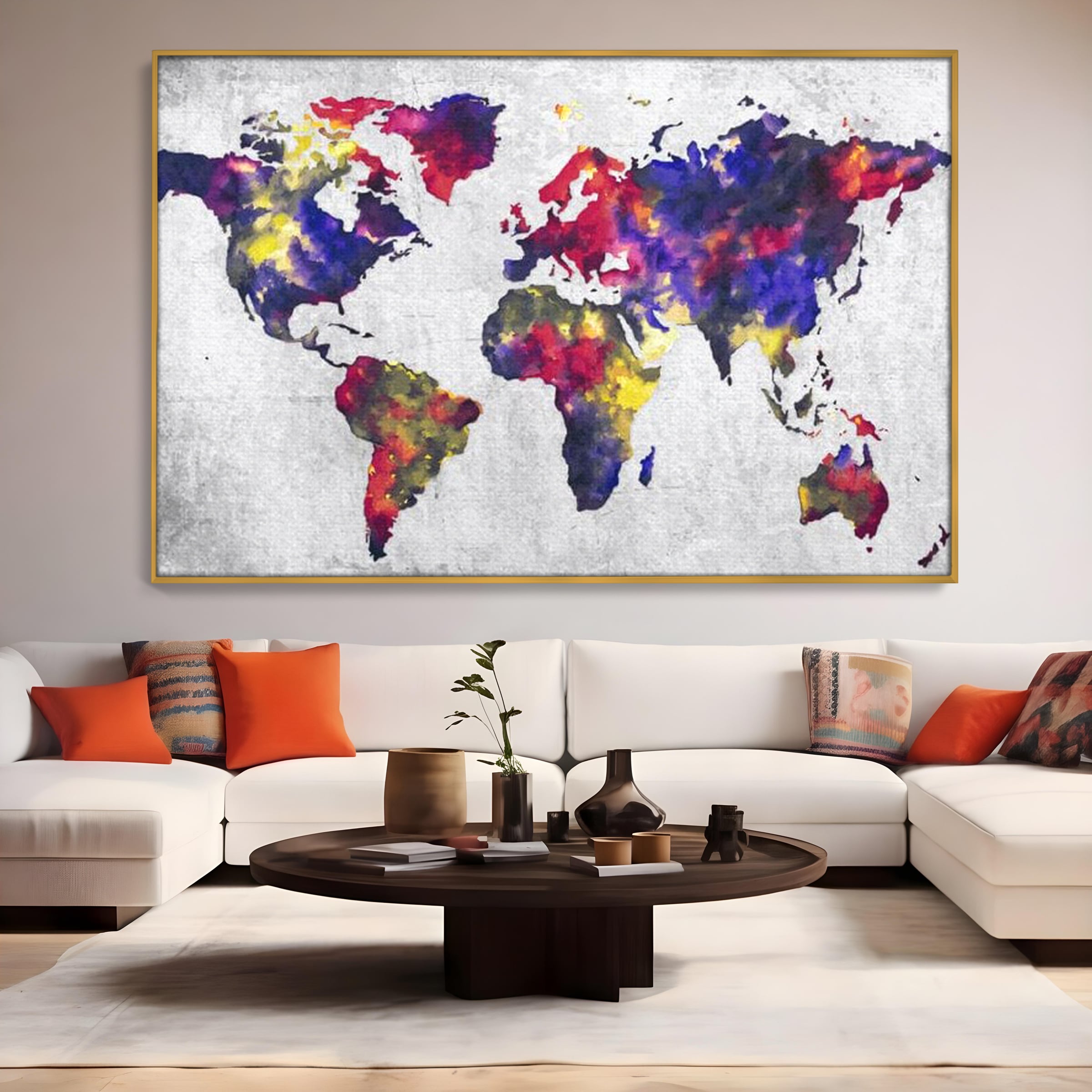 Tablou canvas cu tablou canvas cu harta lumii in acuarela, in rama de aluminiu auriu, pe perete intr-un living