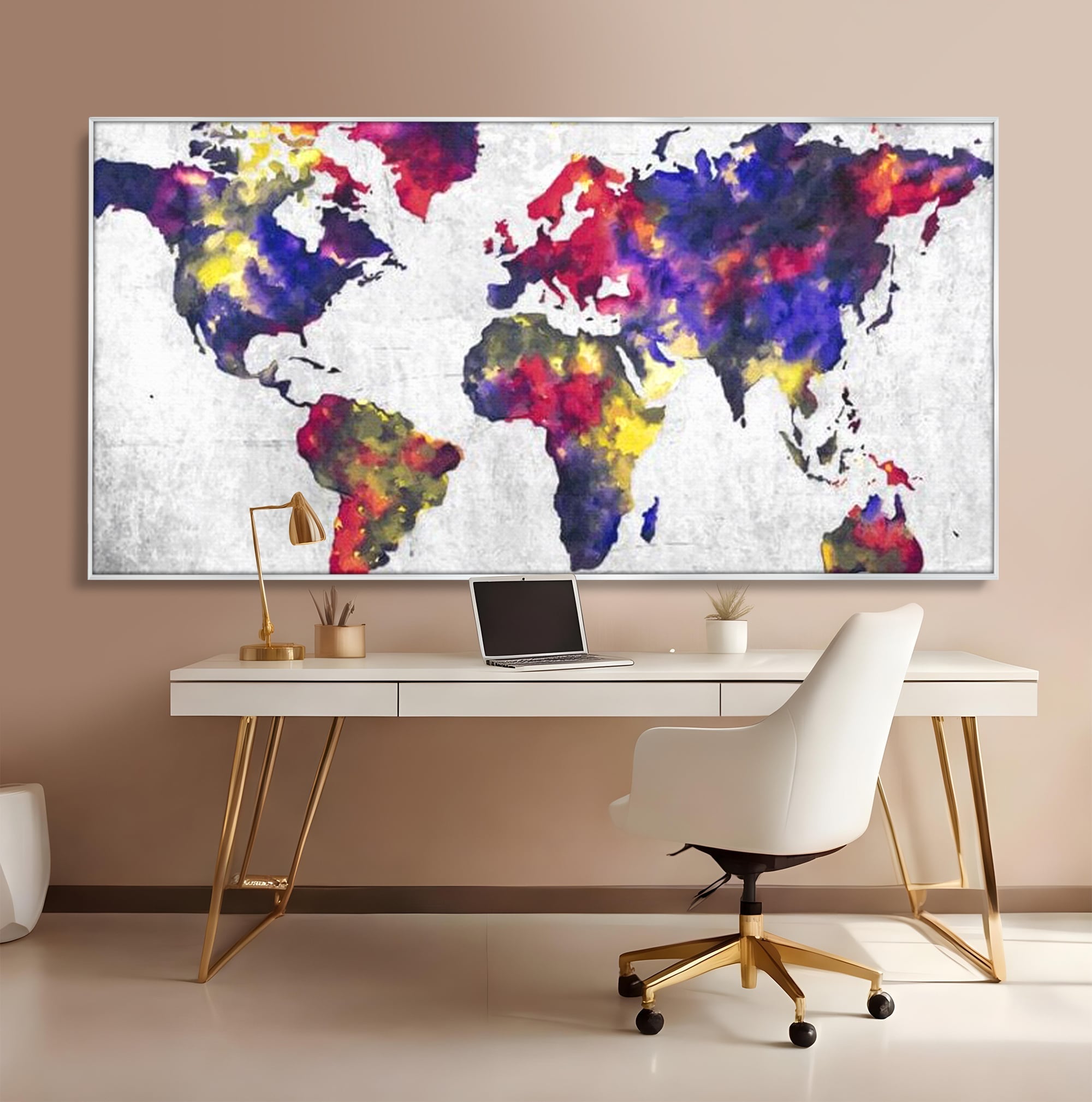 Tablou canvas cu tablou canvas cu harta lumii in acuarela, in rama de aluminiu argintiu, pe perete intr-un birou