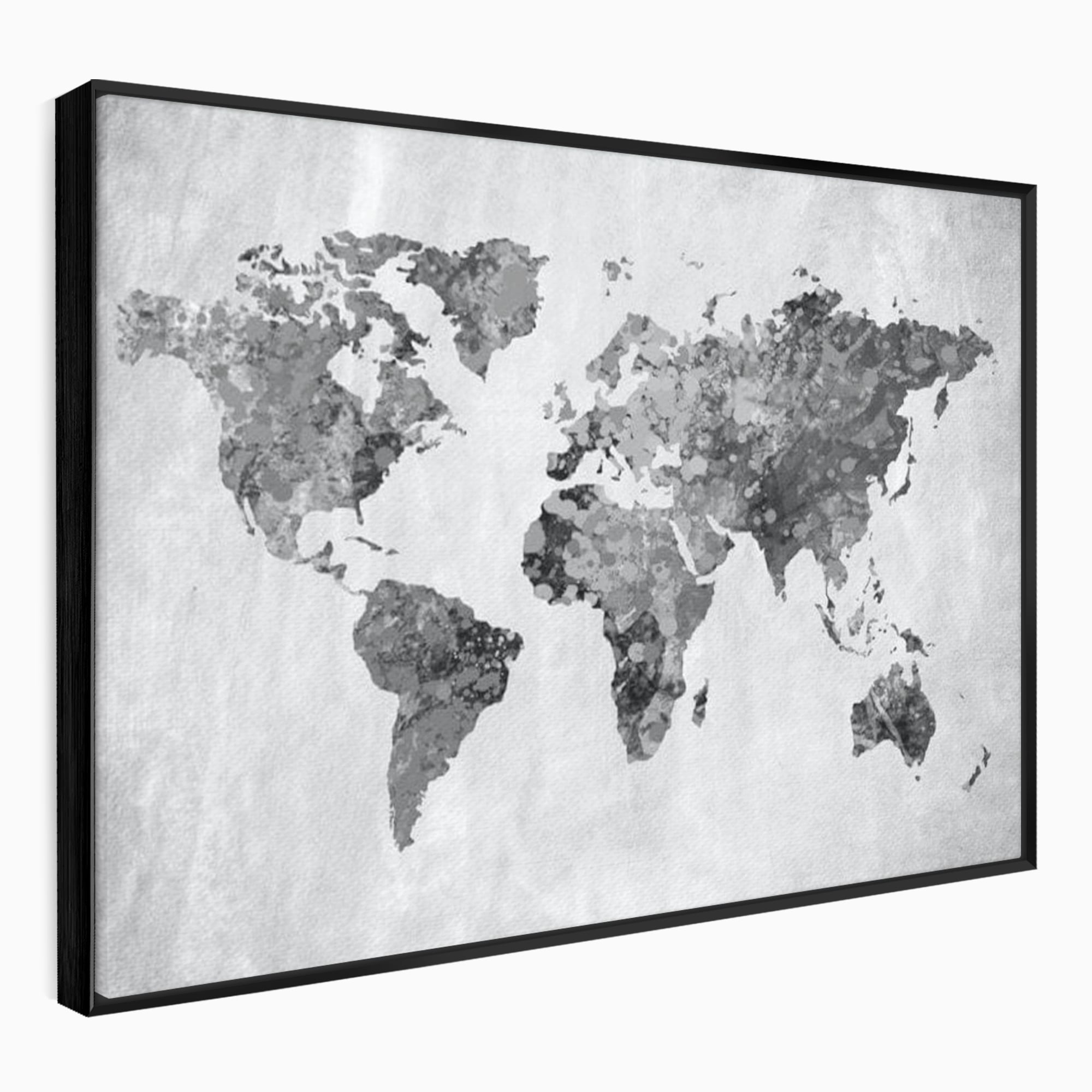 Tablou canvas cu harta lumii in tonuri de gri, in rama de aluminiu negru