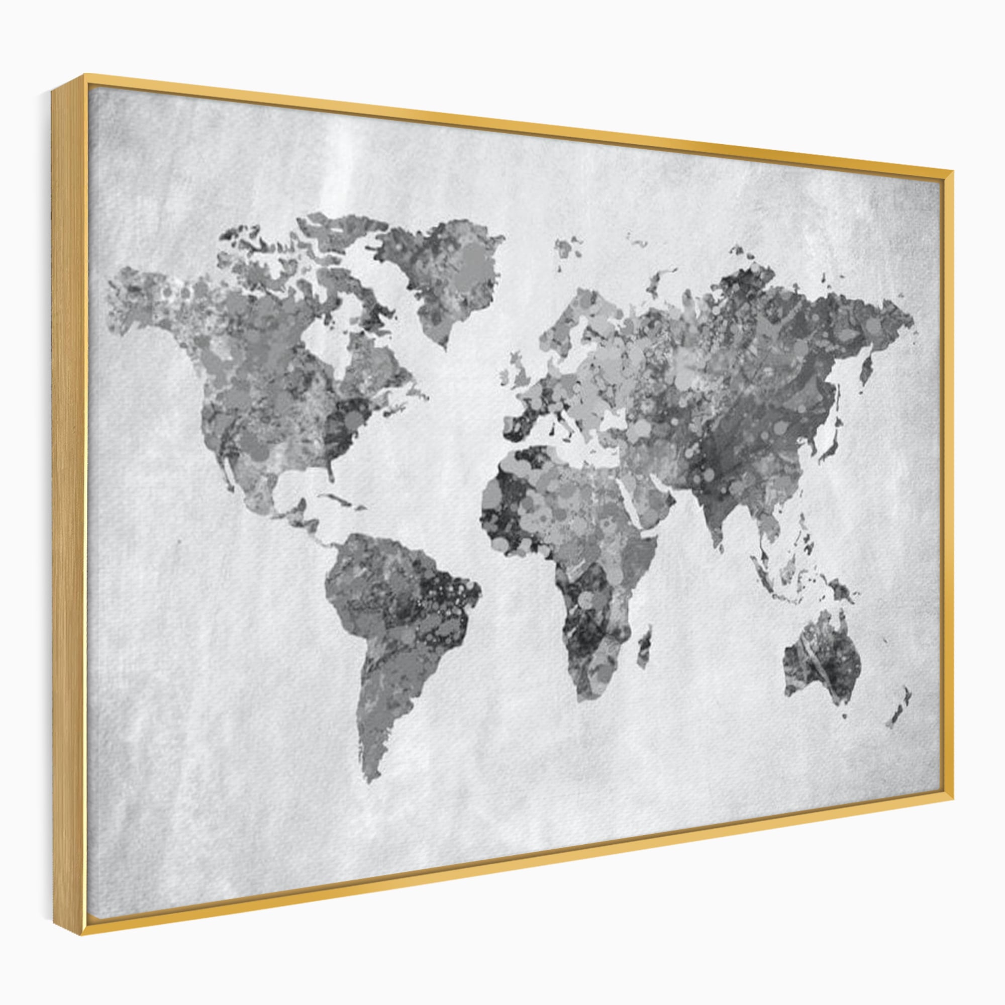 Tablou canvas cu harta lumii in tonuri de gri, in rama de aluminiu auriu