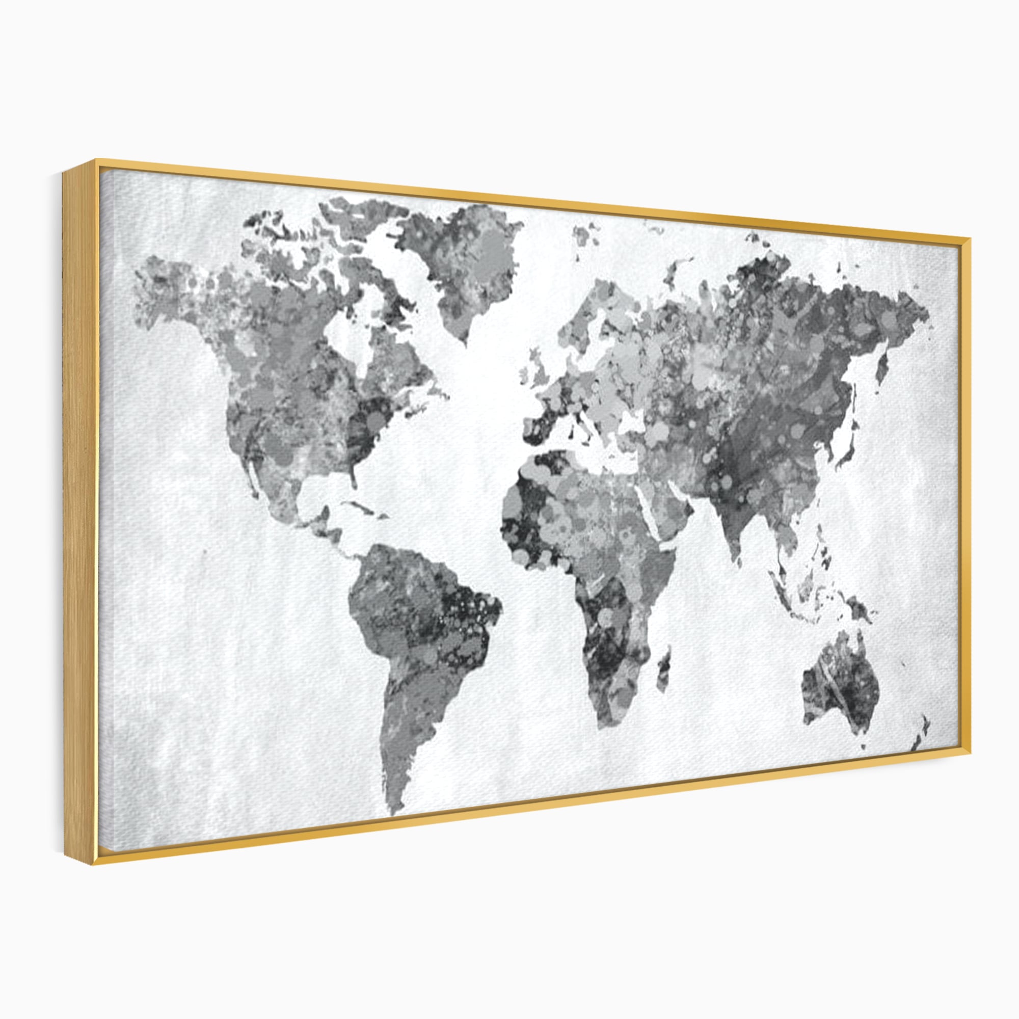 Tablou canvas cu harta lumii in tonuri de gri, in rama de aluminiu auriu
