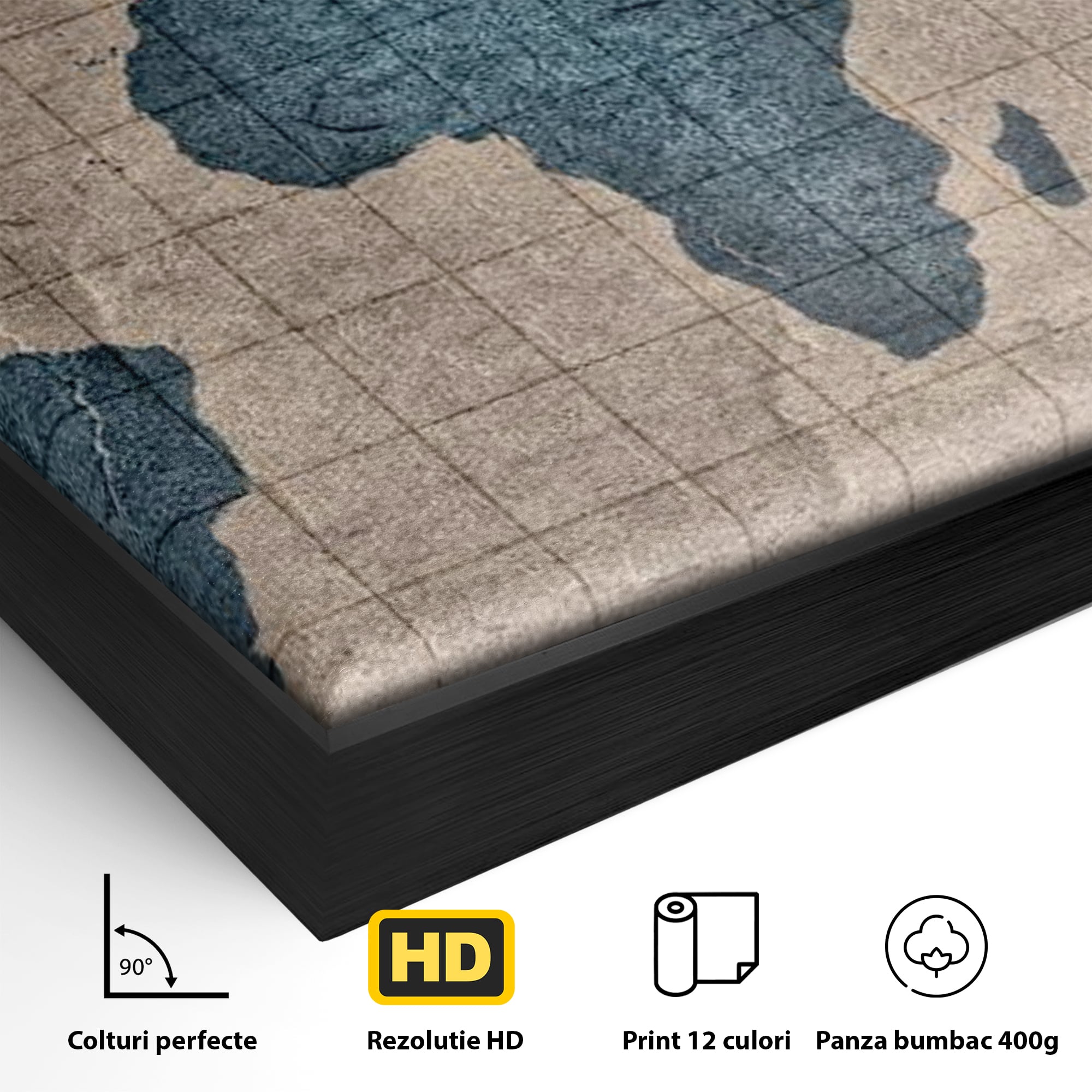 Detaliu al suprafetei: tablou canvas cu harta lumii pe pergament, in rama de aluminiu negru