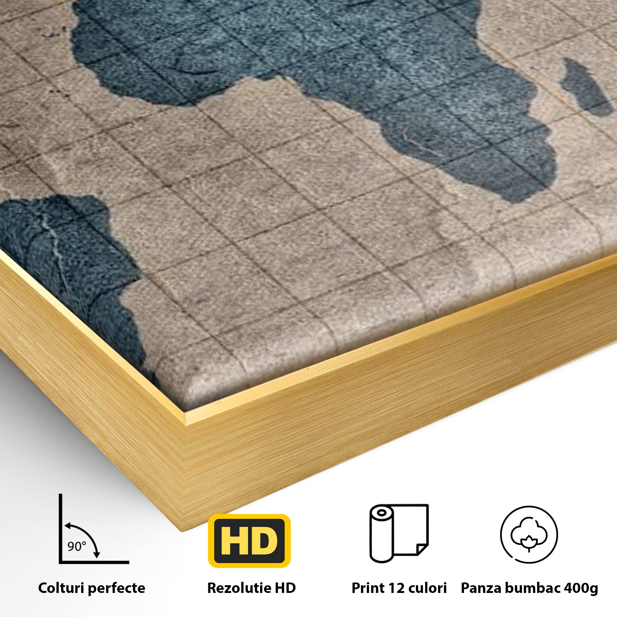 Detaliu al suprafetei: tablou canvas cu harta lumii pe pergament, in rama de aluminiu auriu