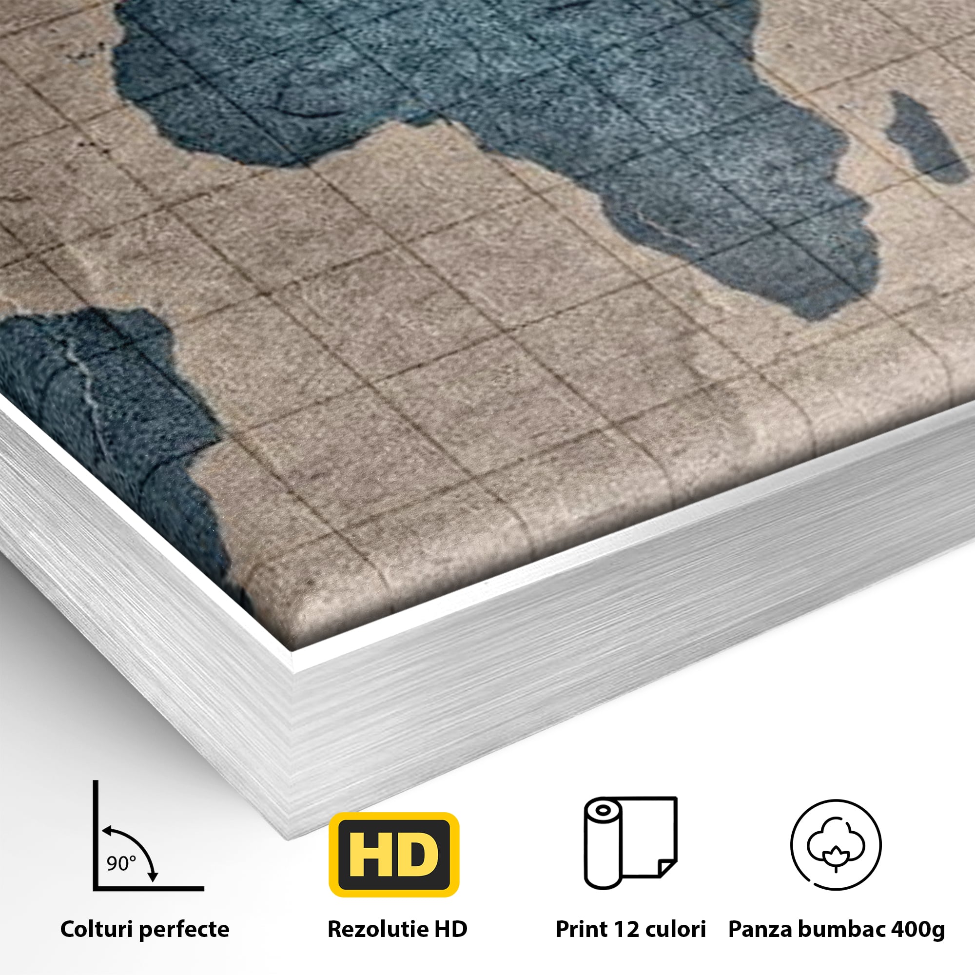 Detaliu al suprafetei: tablou canvas cu harta lumii pe pergament, in rama de aluminiu argintiu