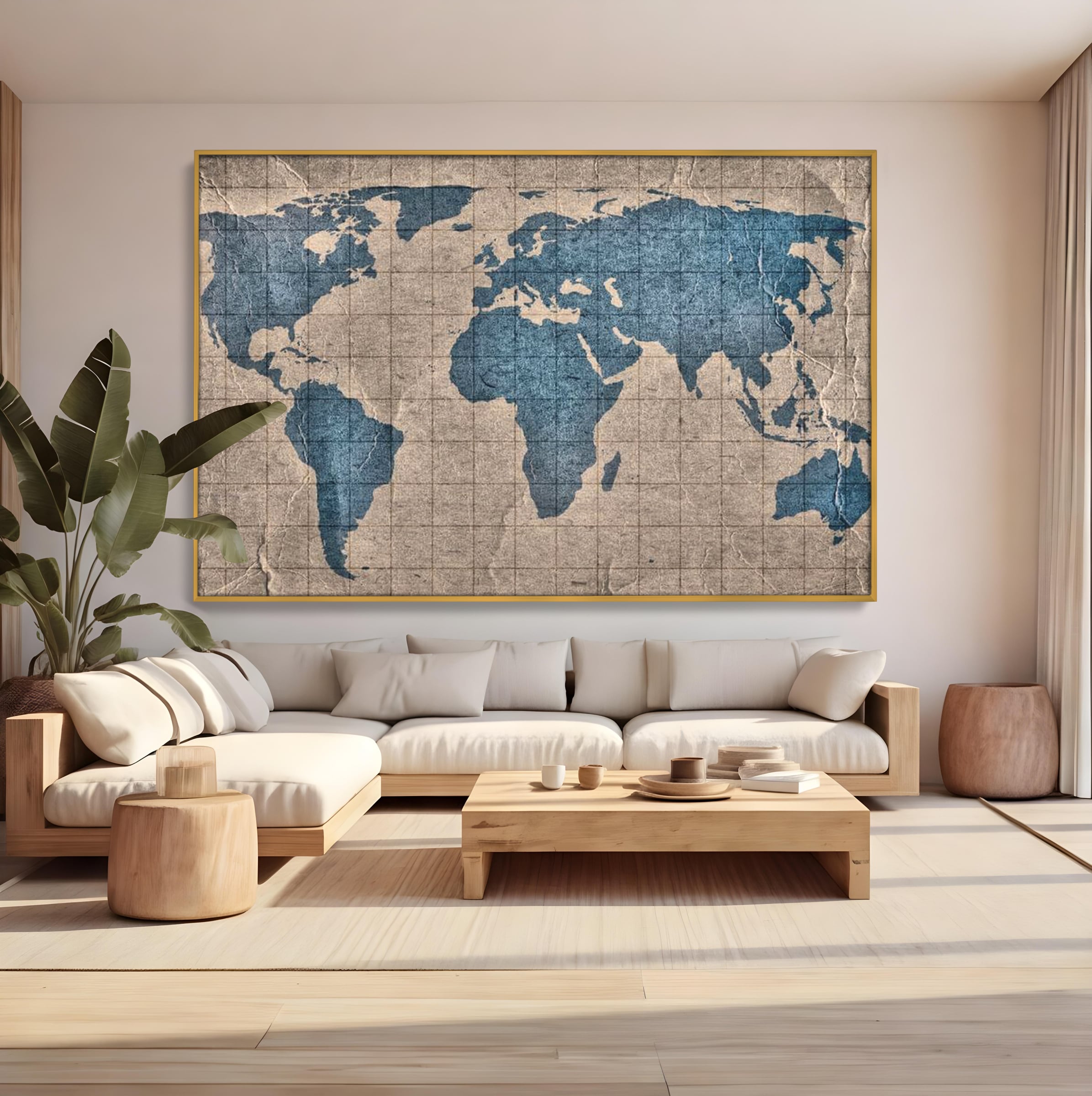 Tablou canvas cu tablou canvas cu harta lumii pe pergament, in rama de aluminiu auriu, pe perete intr-un living