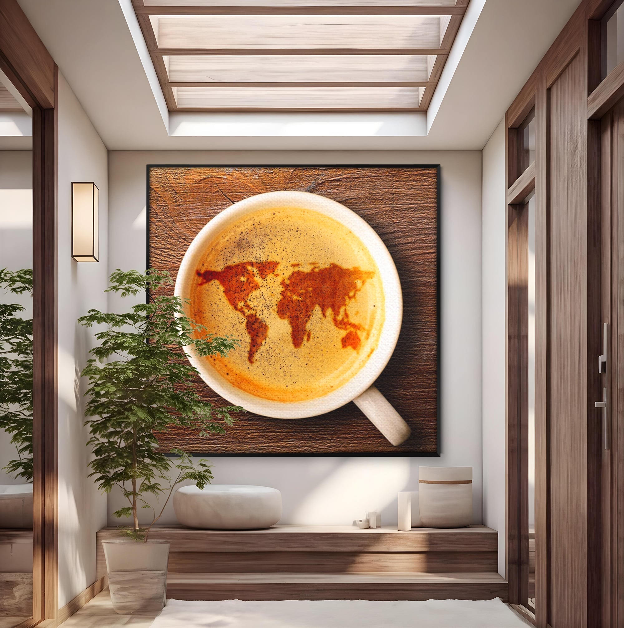 Tablou canvas cu ceasca de cafea cu harta lumii, in rama de aluminiu negru