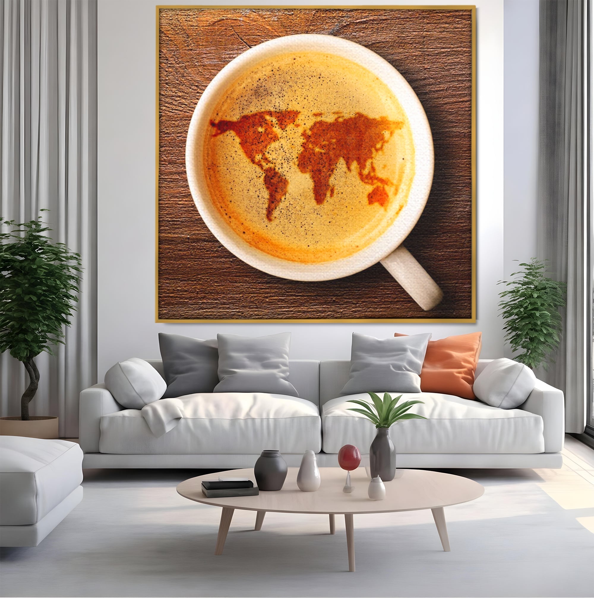 Tablou canvas cu ceasca de cafea cu harta lumii, in rama de aluminiu auriu, pe perete intr-un living