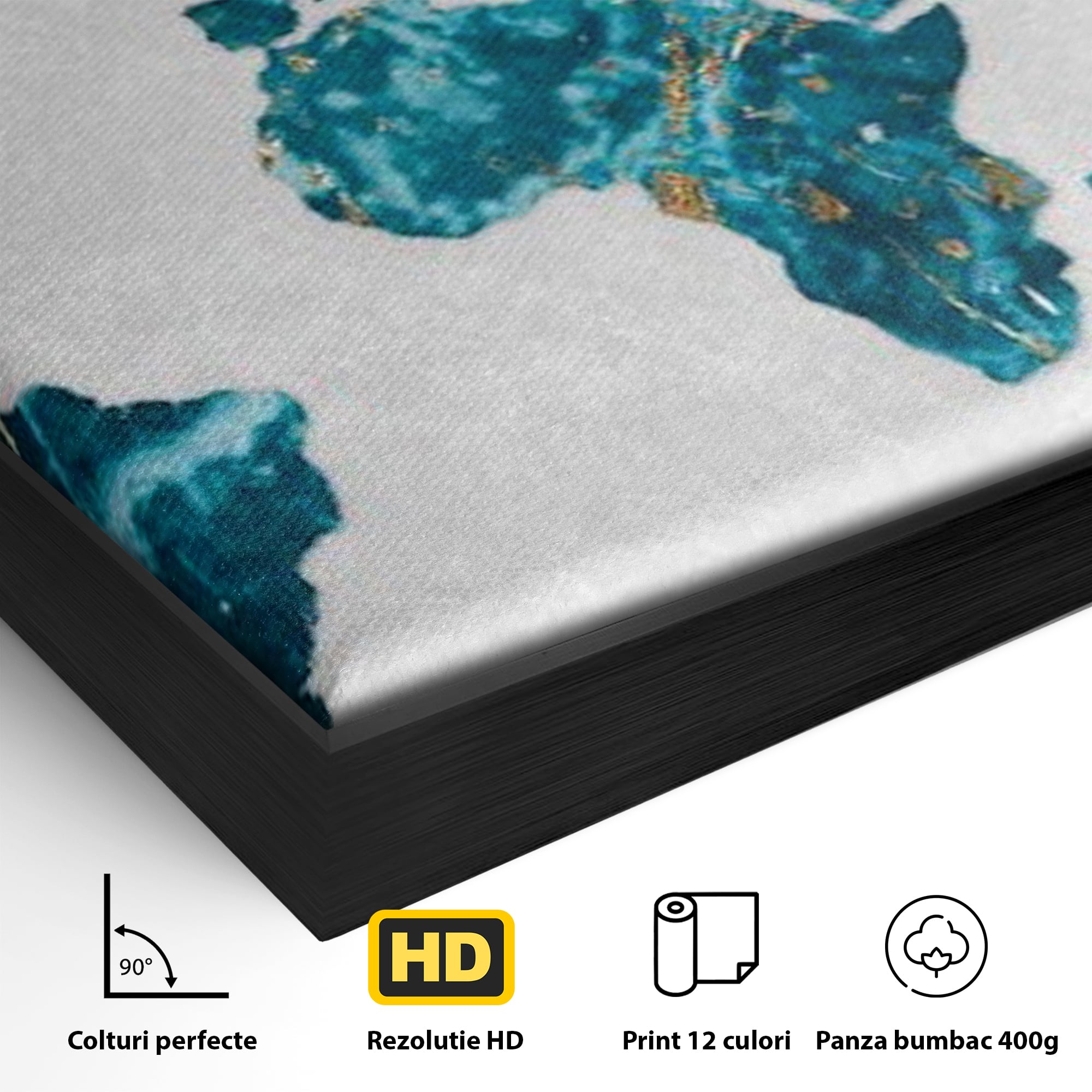 Detaliu al suprafetei: tablou canvas cu harta lumii, in rama de aluminiu negru
