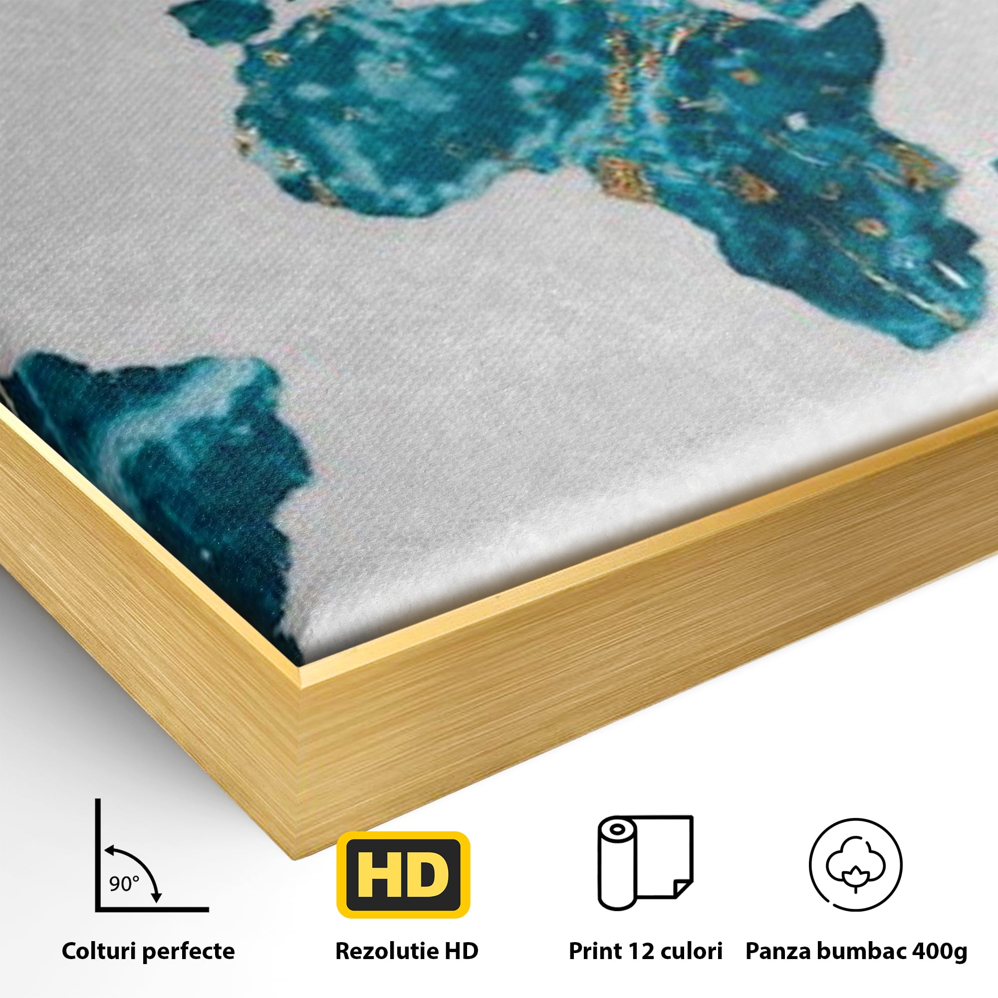 Detaliu al suprafetei: tablou canvas cu harta lumii, in rama de aluminiu auriu