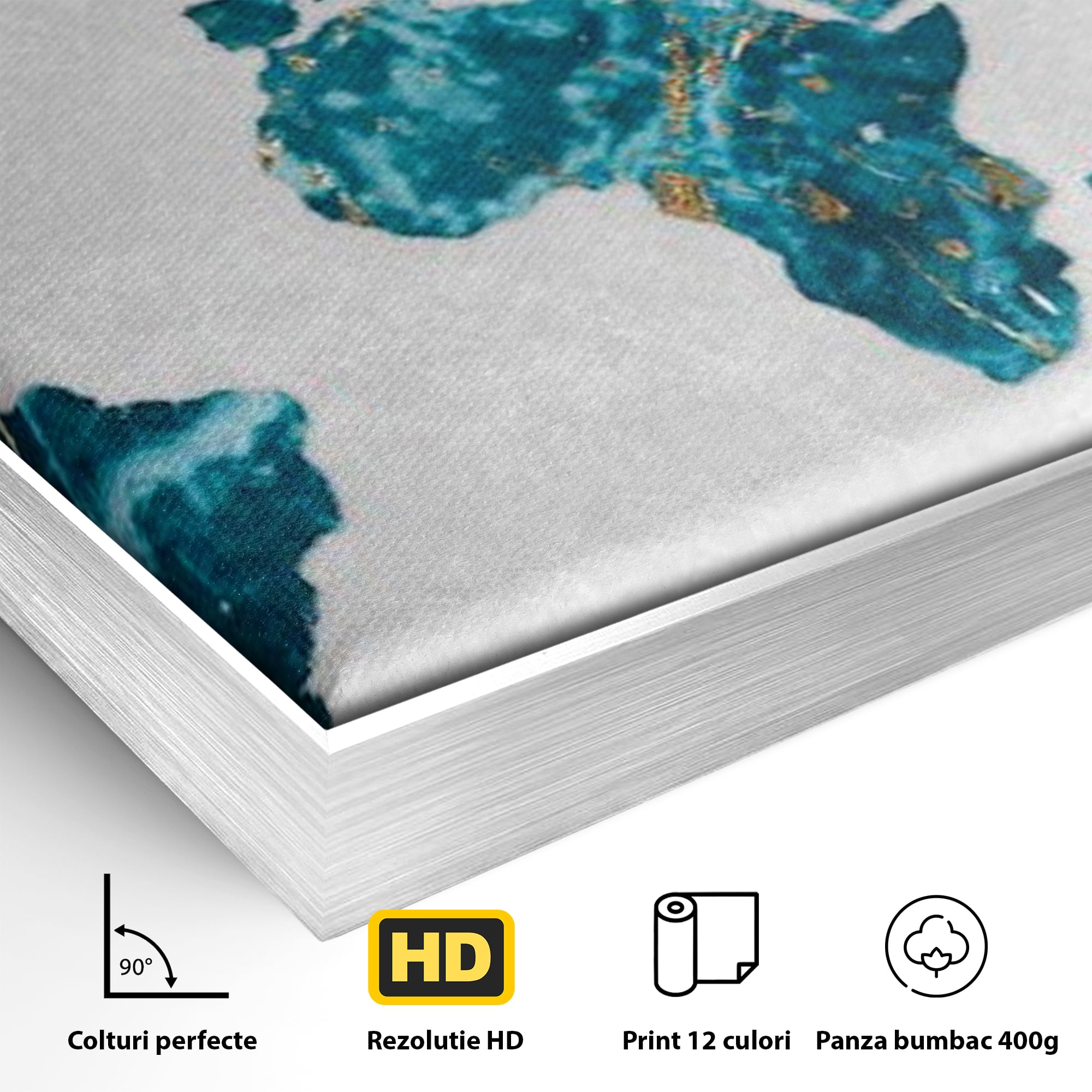 Detaliu al suprafetei: tablou canvas cu harta lumii, in rama de aluminiu argintiu