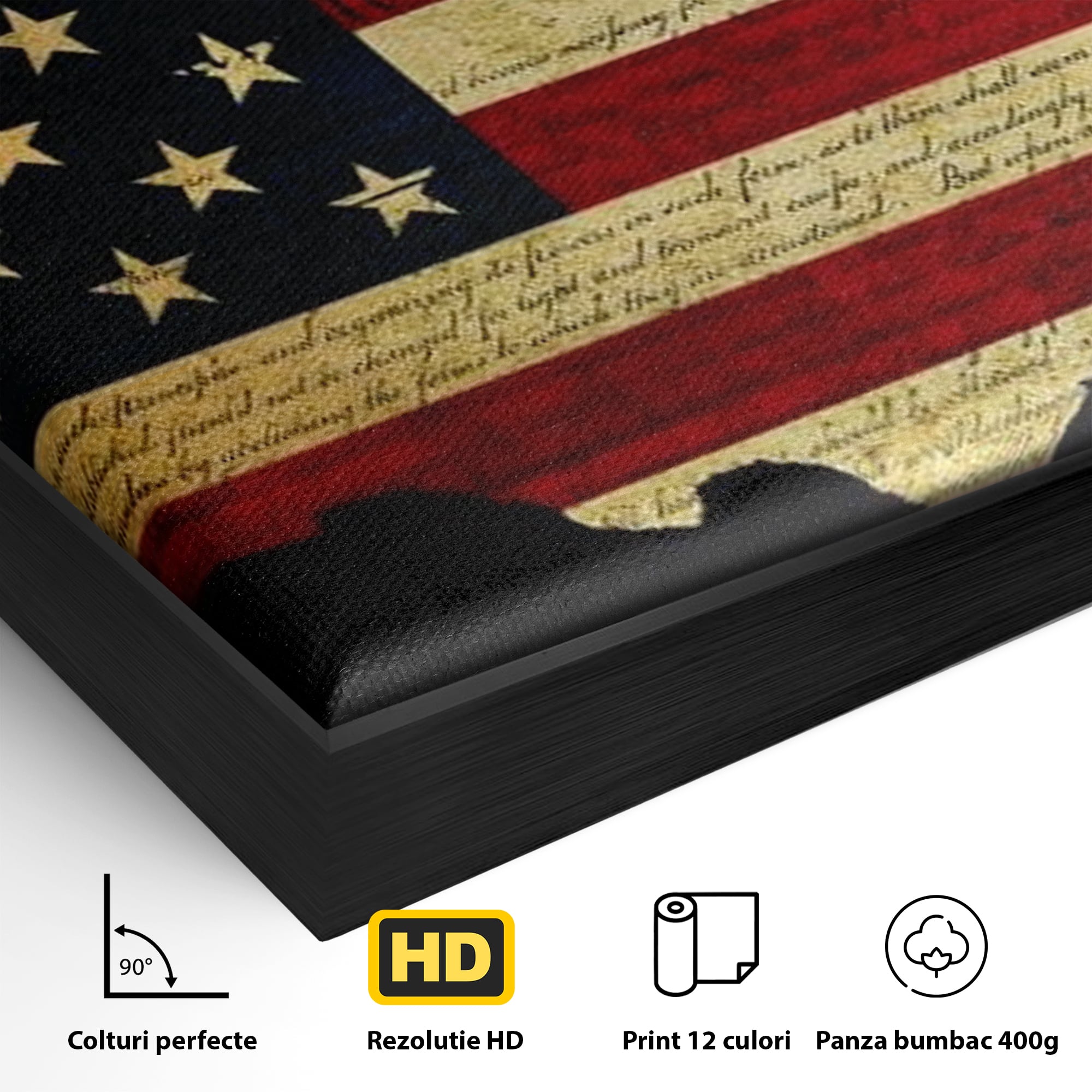 Detaliu al suprafetei: tablou canvas cu harta statelor unite si steagul american, in rama de aluminiu negru