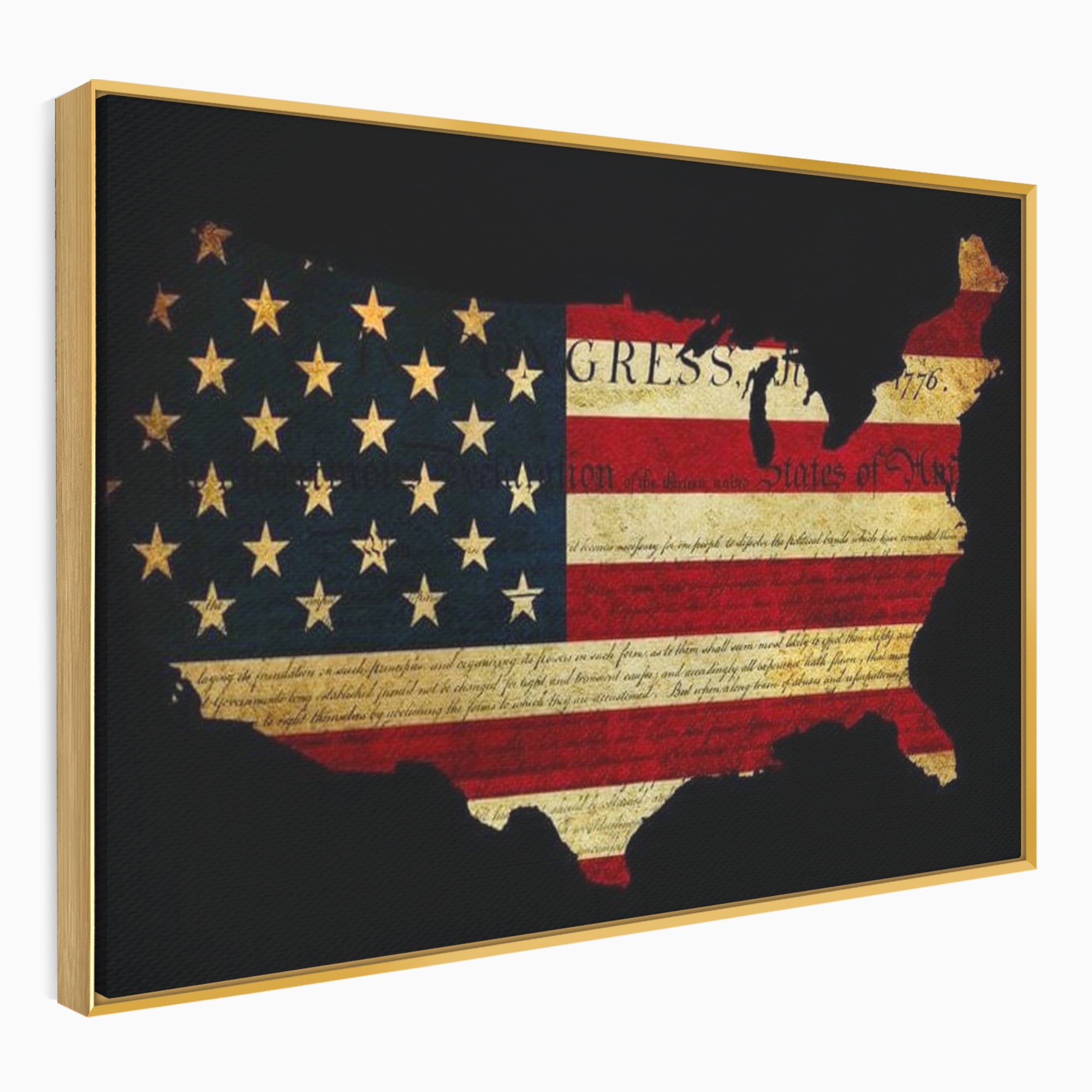 Tablou canvas cu tablou canvas cu harta statelor unite si steagul american, in rama de aluminiu auriu