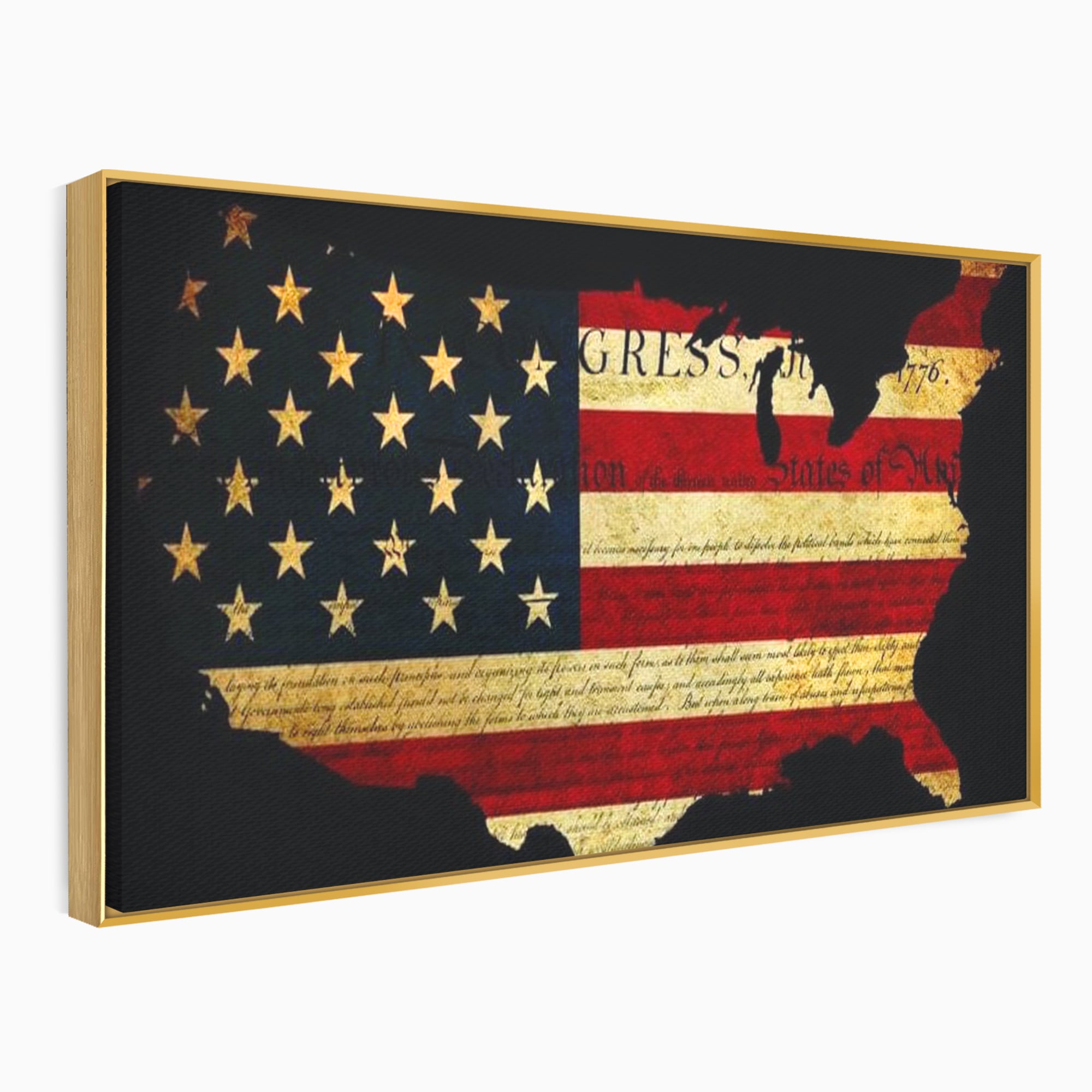 Tablou canvas cu tablou canvas cu harta statelor unite si steagul american, in rama de aluminiu auriu