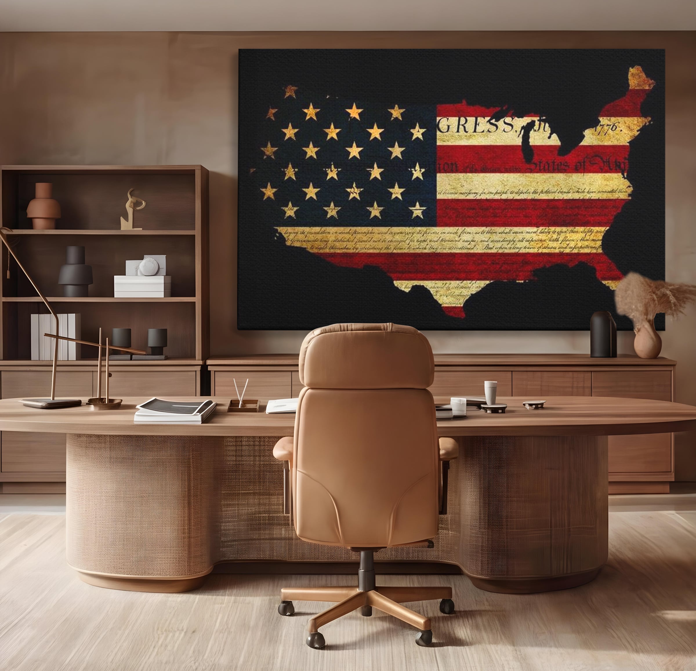 Tablou canvas cu tablou canvas cu harta statelor unite si steagul american, fara rama, pe sasiu de lemn, pe perete intr-un birou