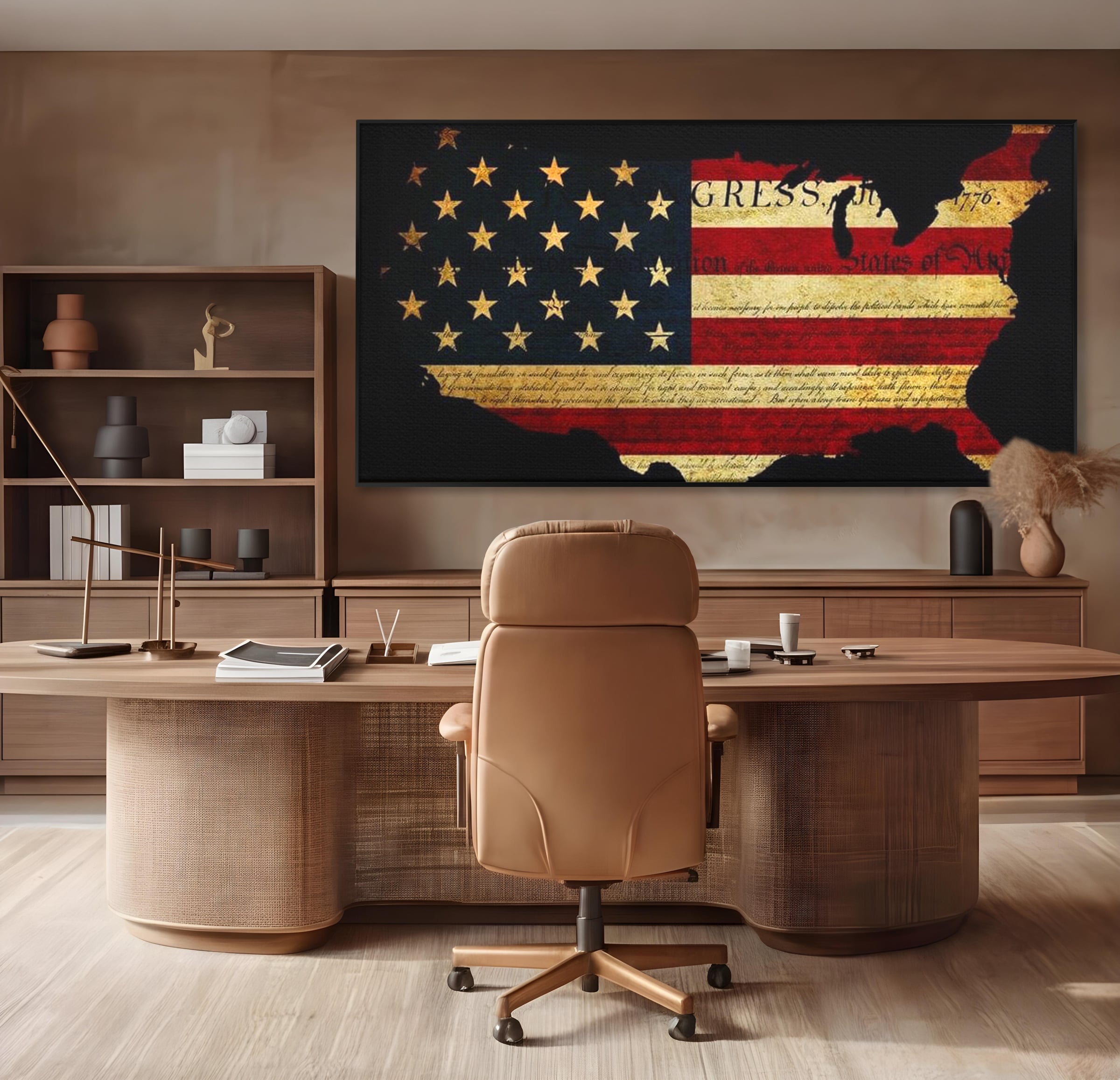 Tablou canvas cu tablou canvas cu harta statelor unite si steagul american, in rama de aluminiu negru, pe perete intr-un birou