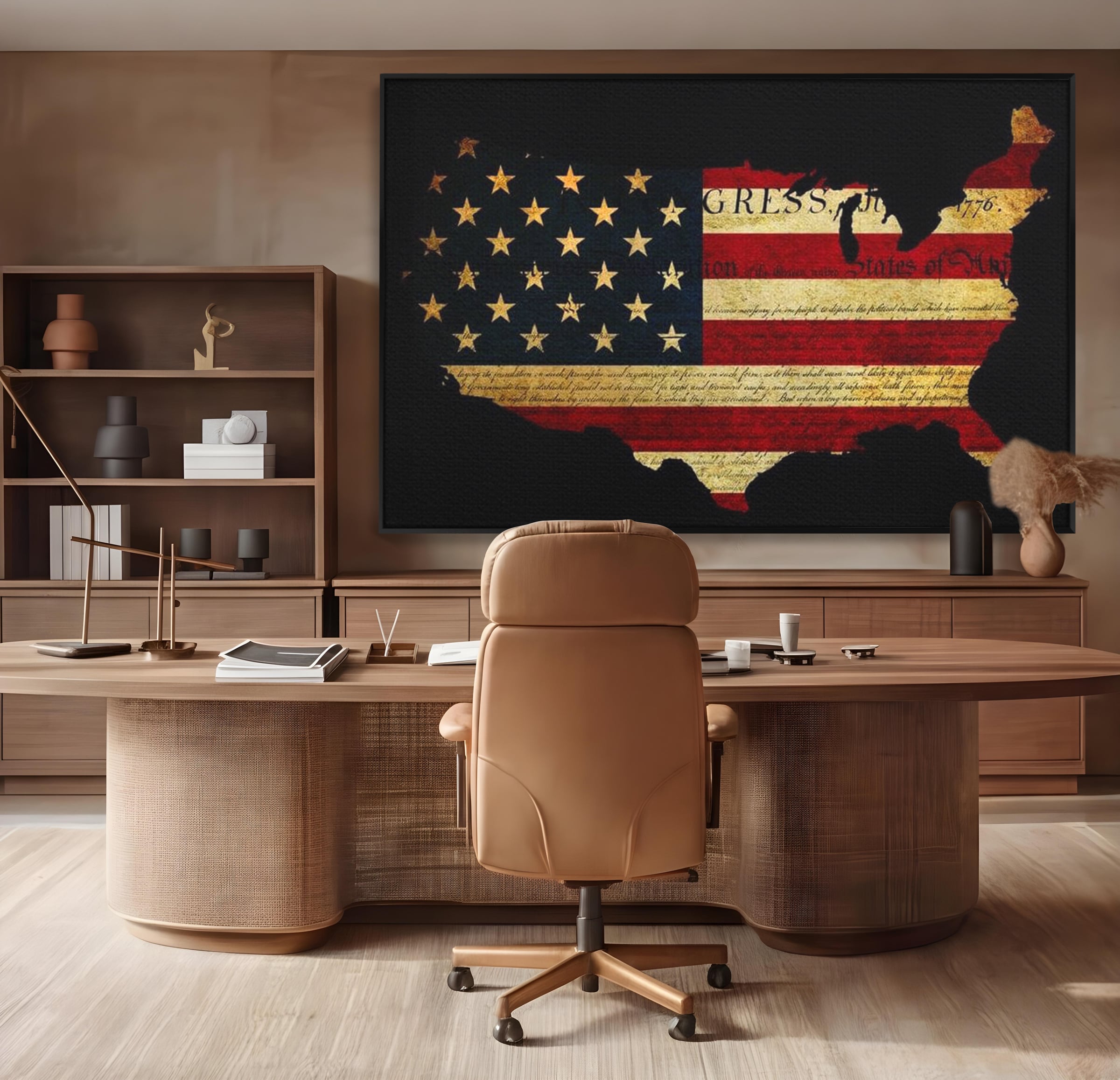 Tablou canvas cu tablou canvas cu harta statelor unite si steagul american, in rama de aluminiu negru, pe perete intr-un birou