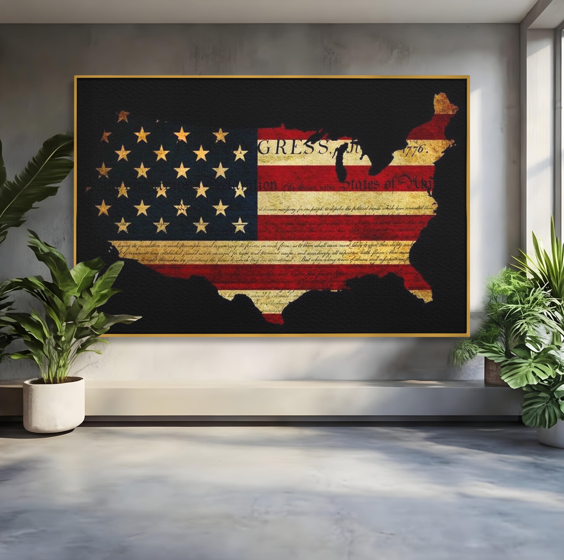 Tablou canvas cu tablou canvas cu harta statelor unite si steagul american, in rama de aluminiu auriu