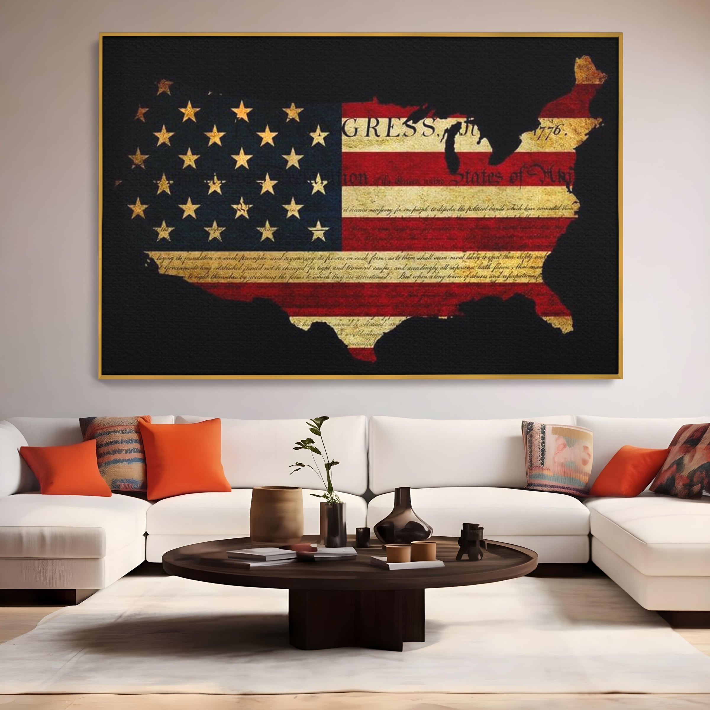 Tablou canvas cu tablou canvas cu harta statelor unite si steagul american, in rama de aluminiu auriu, pe perete intr-un living