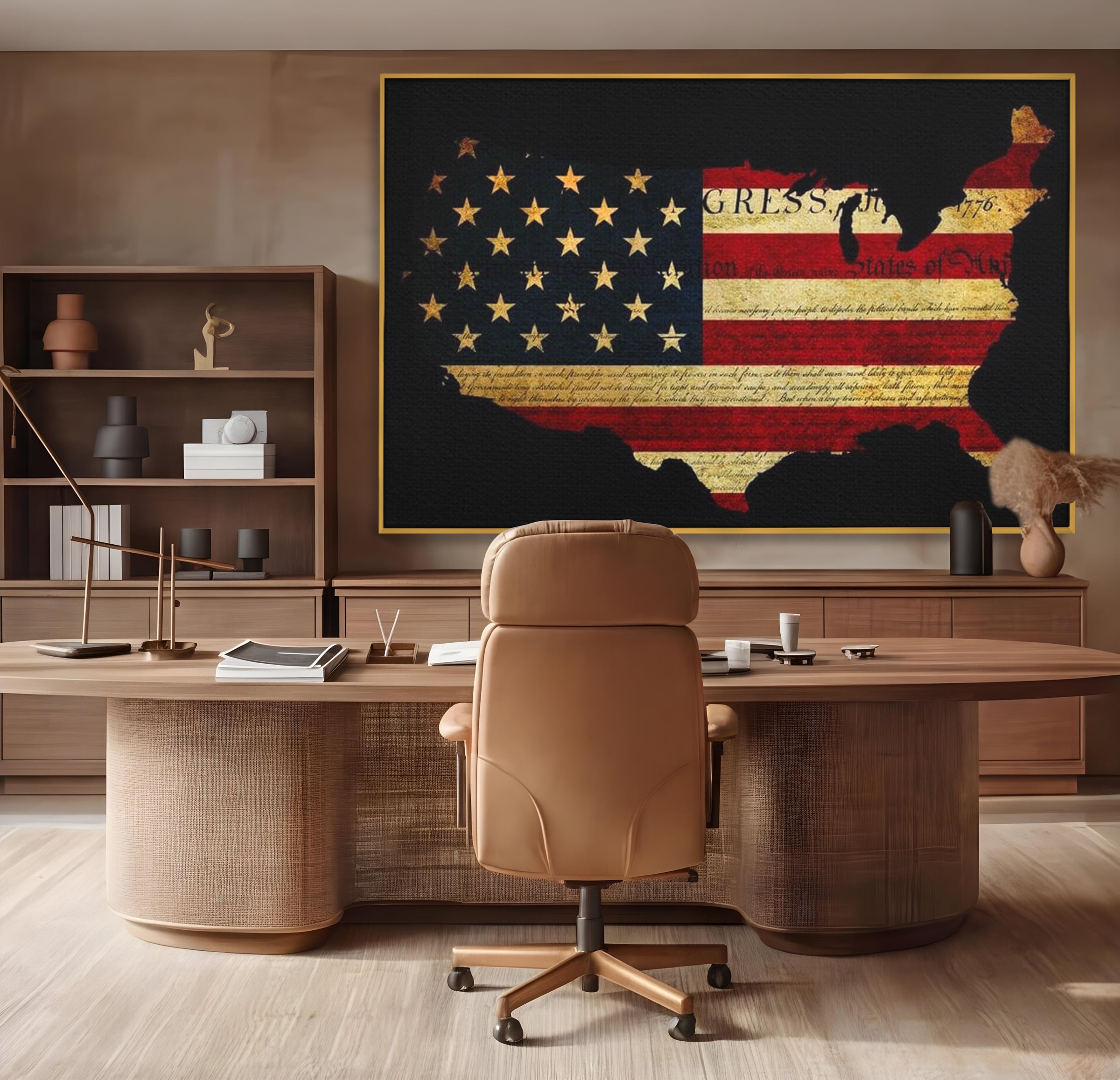 Tablou canvas cu tablou canvas cu harta statelor unite si steagul american, in rama de aluminiu auriu, pe perete intr-un birou
