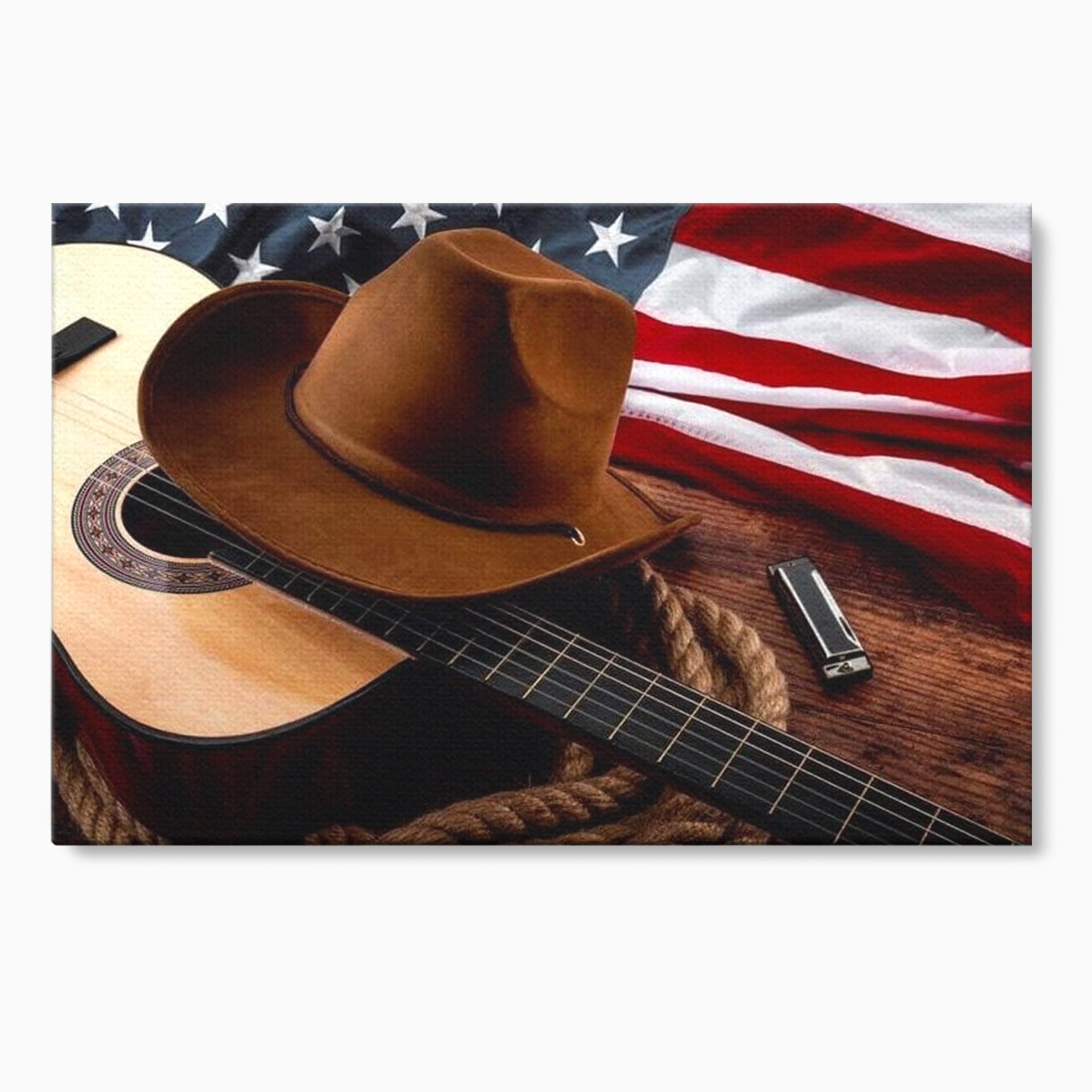 Tablou canvas cu tablou canvas cu palarie, chitara si drapel american, fara rama, pe sasiu de lemn