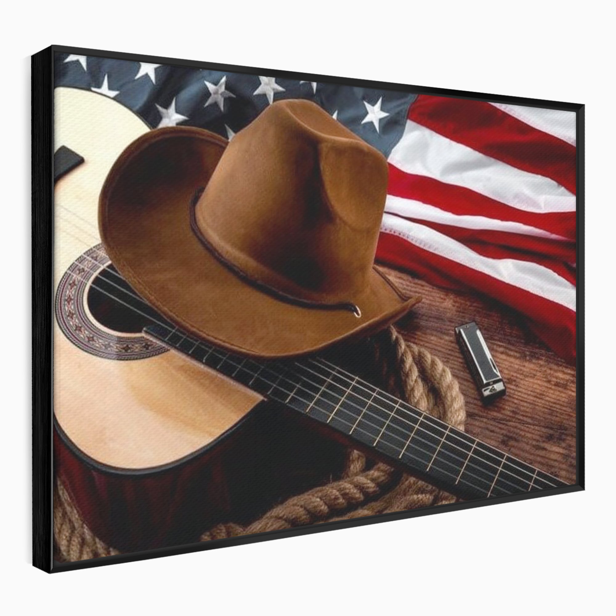Tablou canvas cu tablou canvas cu palarie, chitara si drapel american, in rama de aluminiu negru