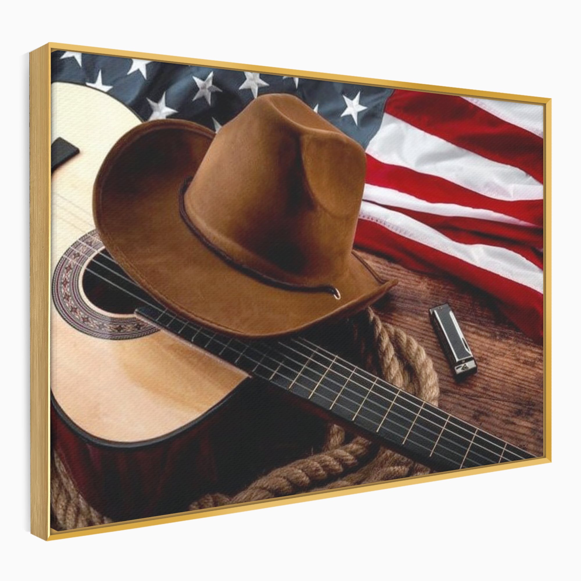 Tablou canvas cu tablou canvas cu palarie, chitara si drapel american, in rama de aluminiu auriu