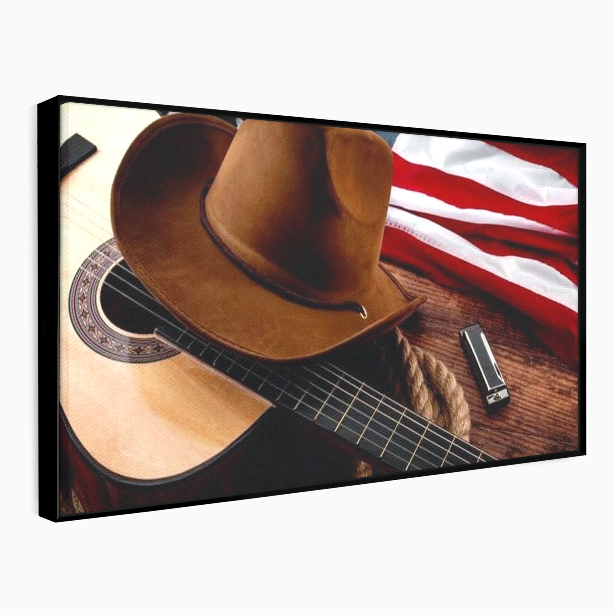 Tablou canvas cu tablou canvas cu palarie, chitara si drapel american, in rama de aluminiu negru