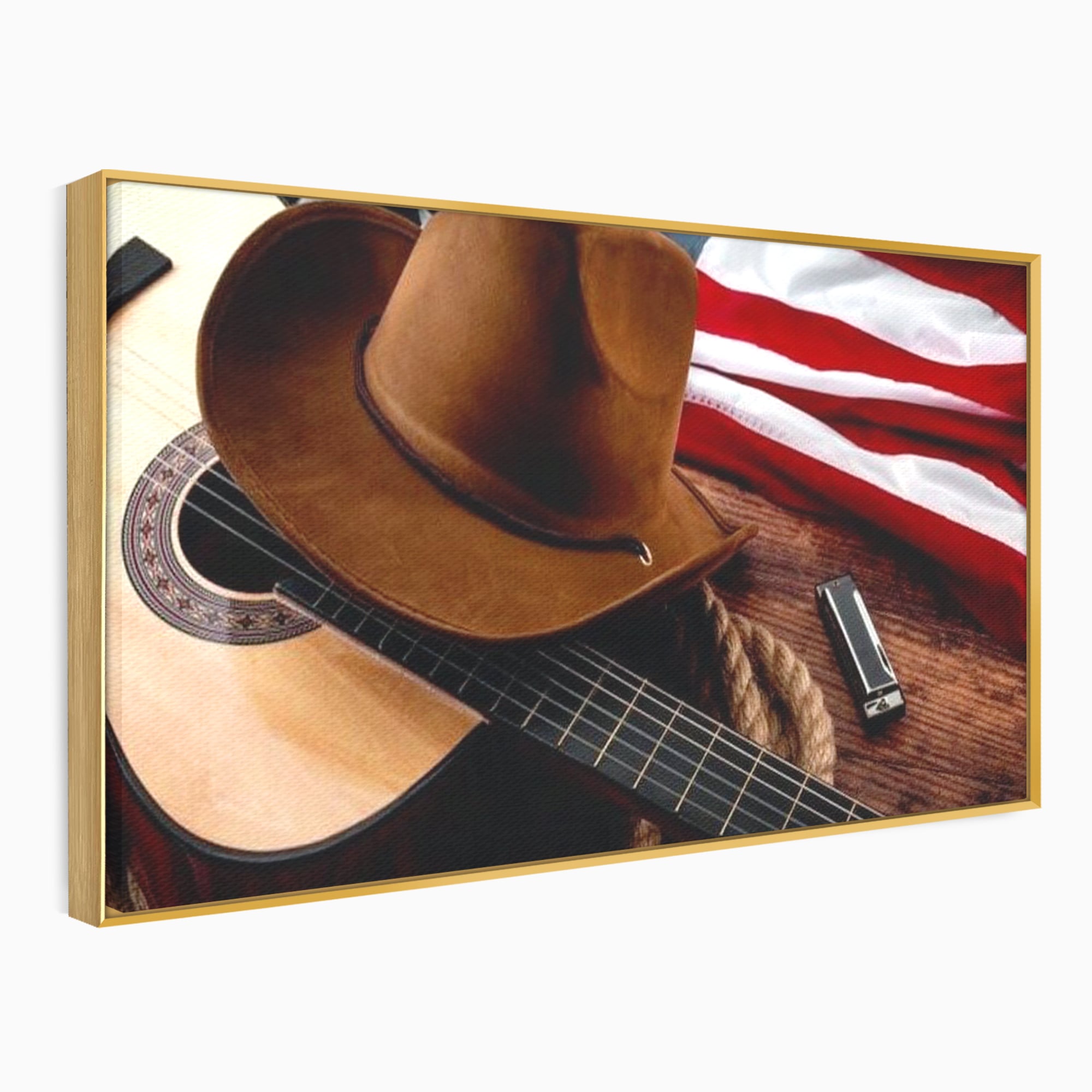 Tablou canvas cu tablou canvas cu palarie, chitara si drapel american, in rama de aluminiu auriu