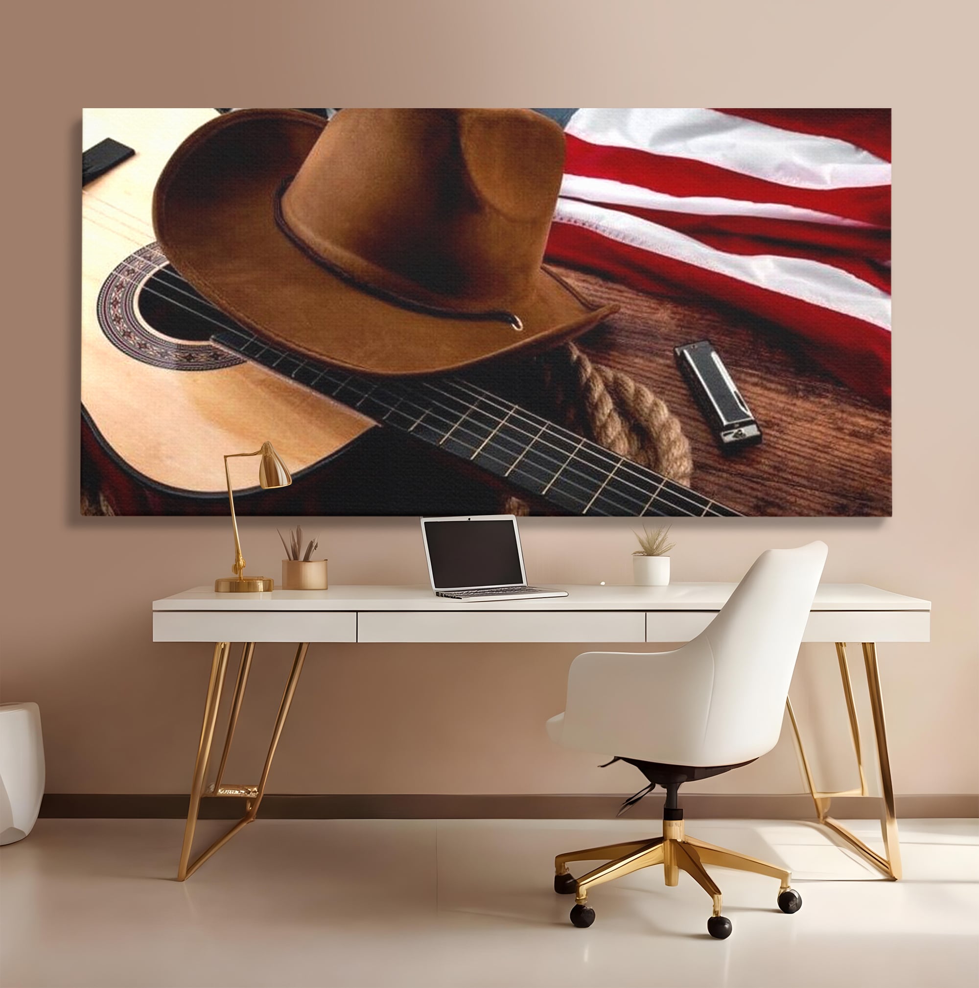 Tablou canvas cu tablou canvas cu palarie, chitara si drapel american, fara rama, pe sasiu de lemn, pe perete intr-un birou