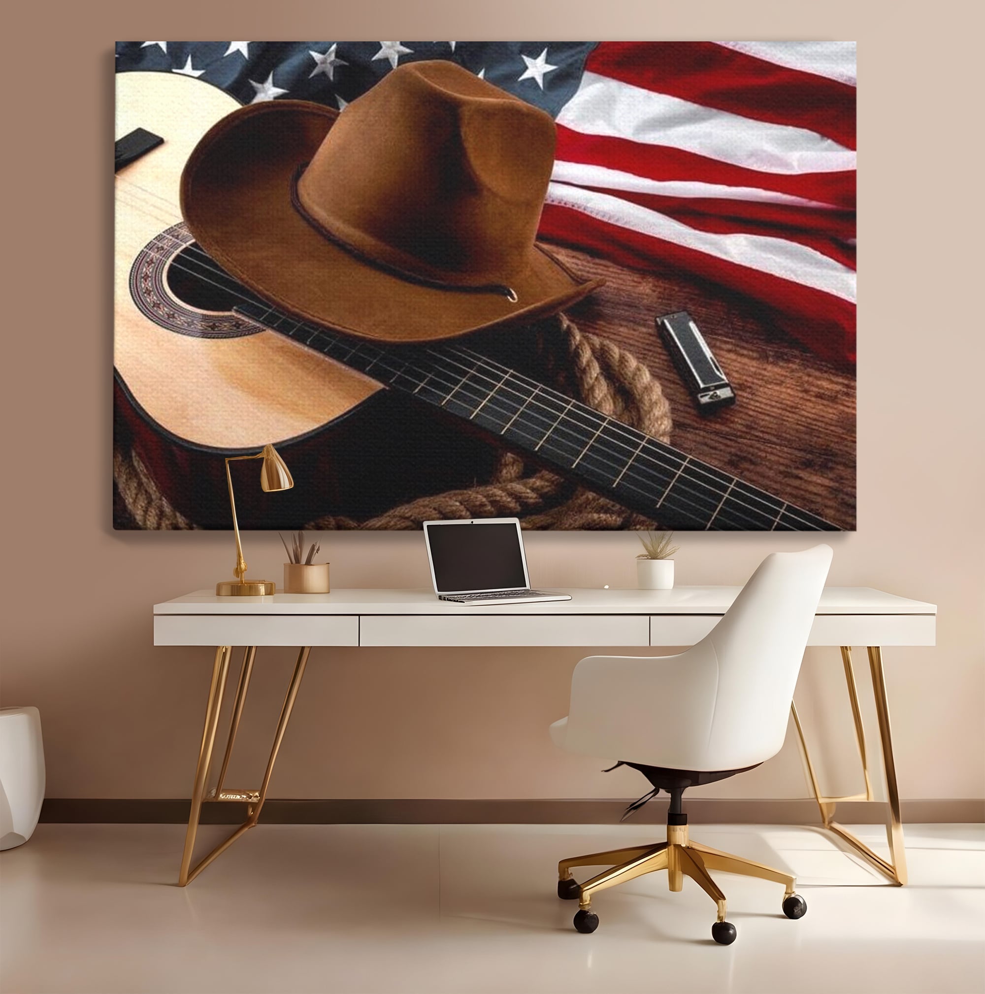 Tablou canvas cu tablou canvas cu palarie, chitara si drapel american, fara rama, pe sasiu de lemn, pe perete intr-un birou