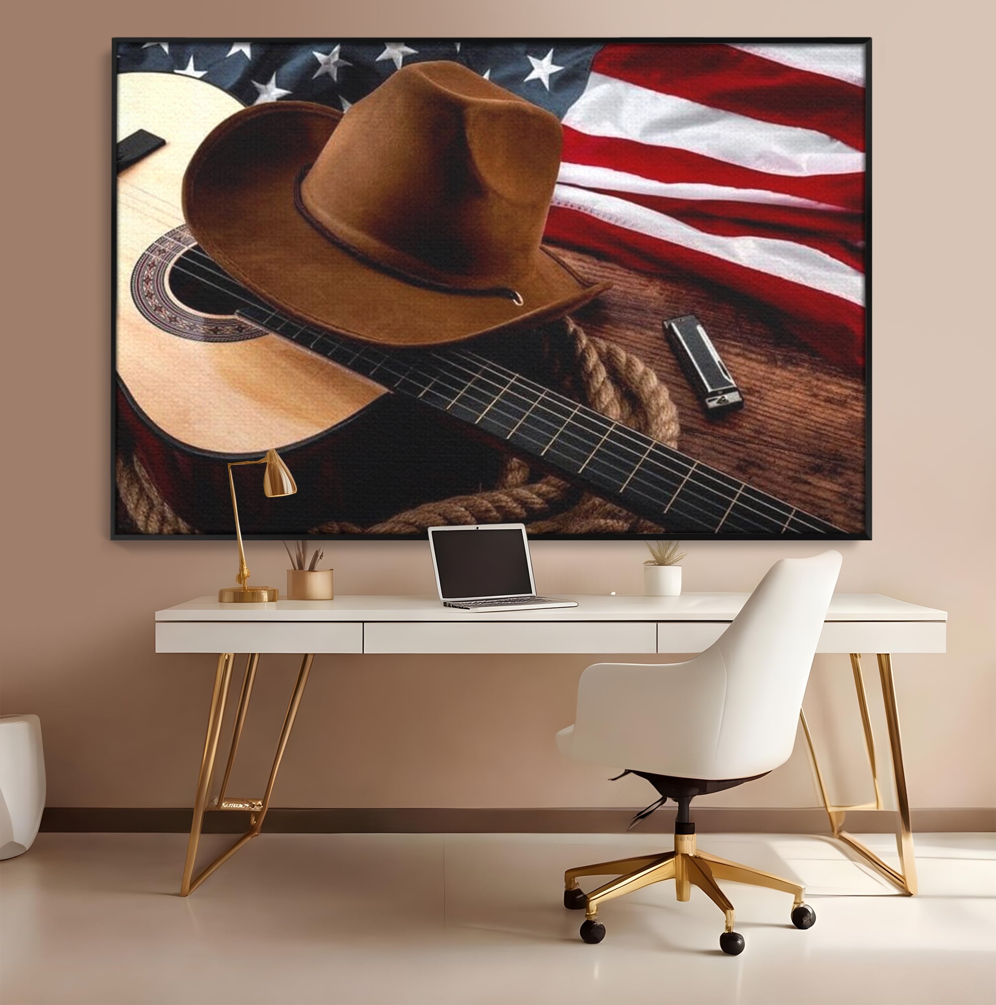 Tablou canvas cu tablou canvas cu palarie, chitara si drapel american, in rama de aluminiu negru, pe perete intr-un birou