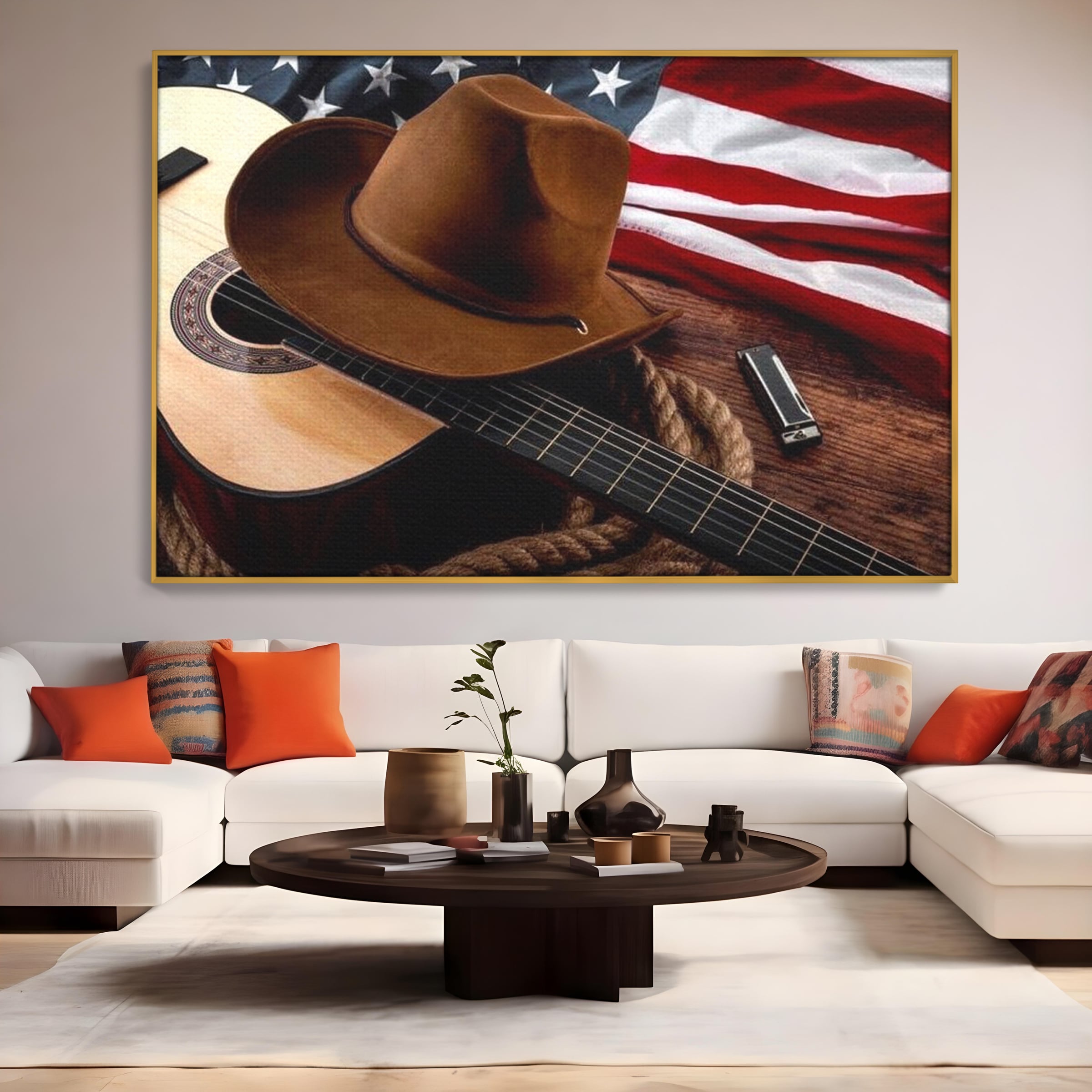 Tablou canvas cu tablou canvas cu palarie, chitara si drapel american, in rama de aluminiu auriu, pe perete intr-un living