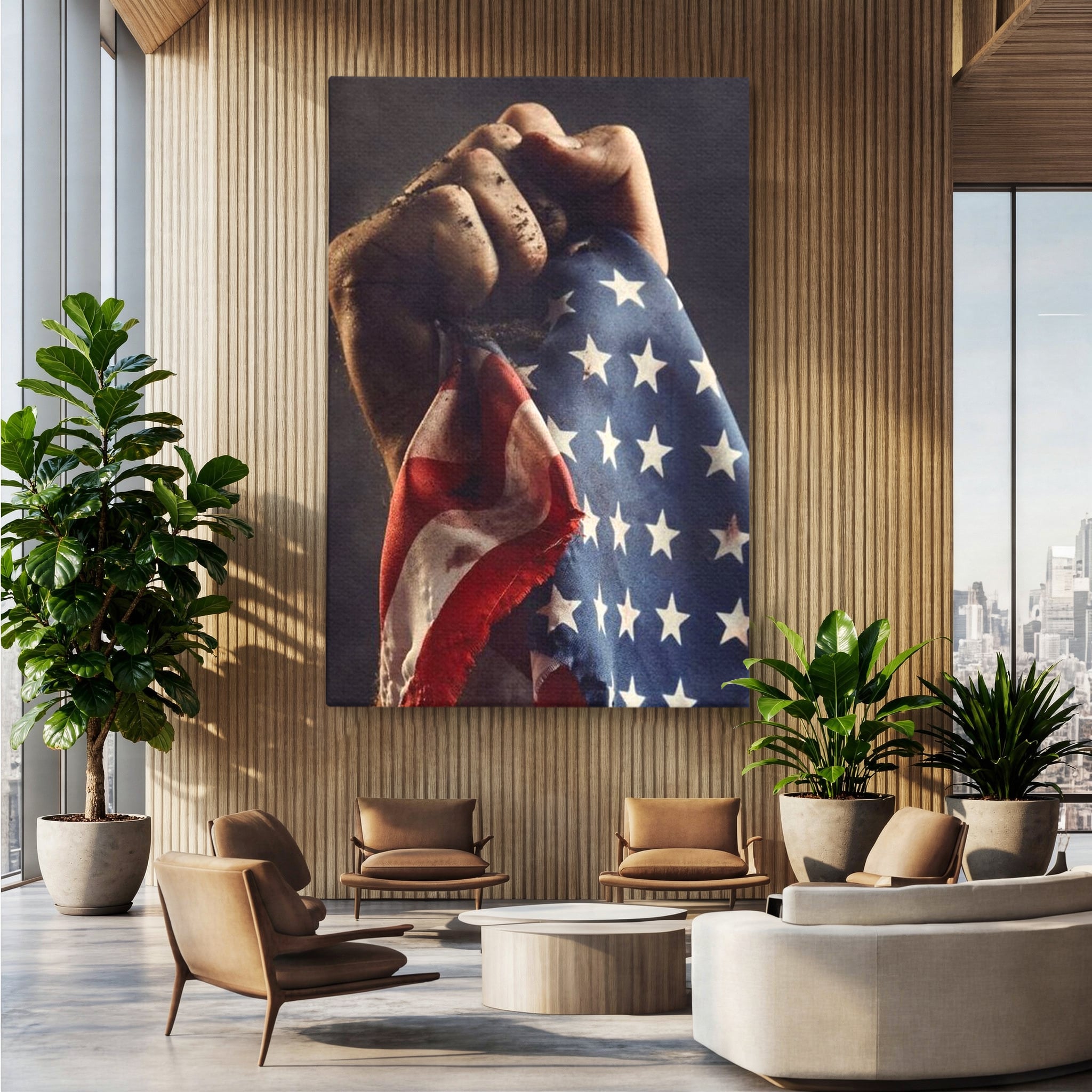 Tablou canvas cu tablou canvas cu mana murdara tinand steagul sua, fara rama, pe sasiu de lemn, pe perete intr-un birou