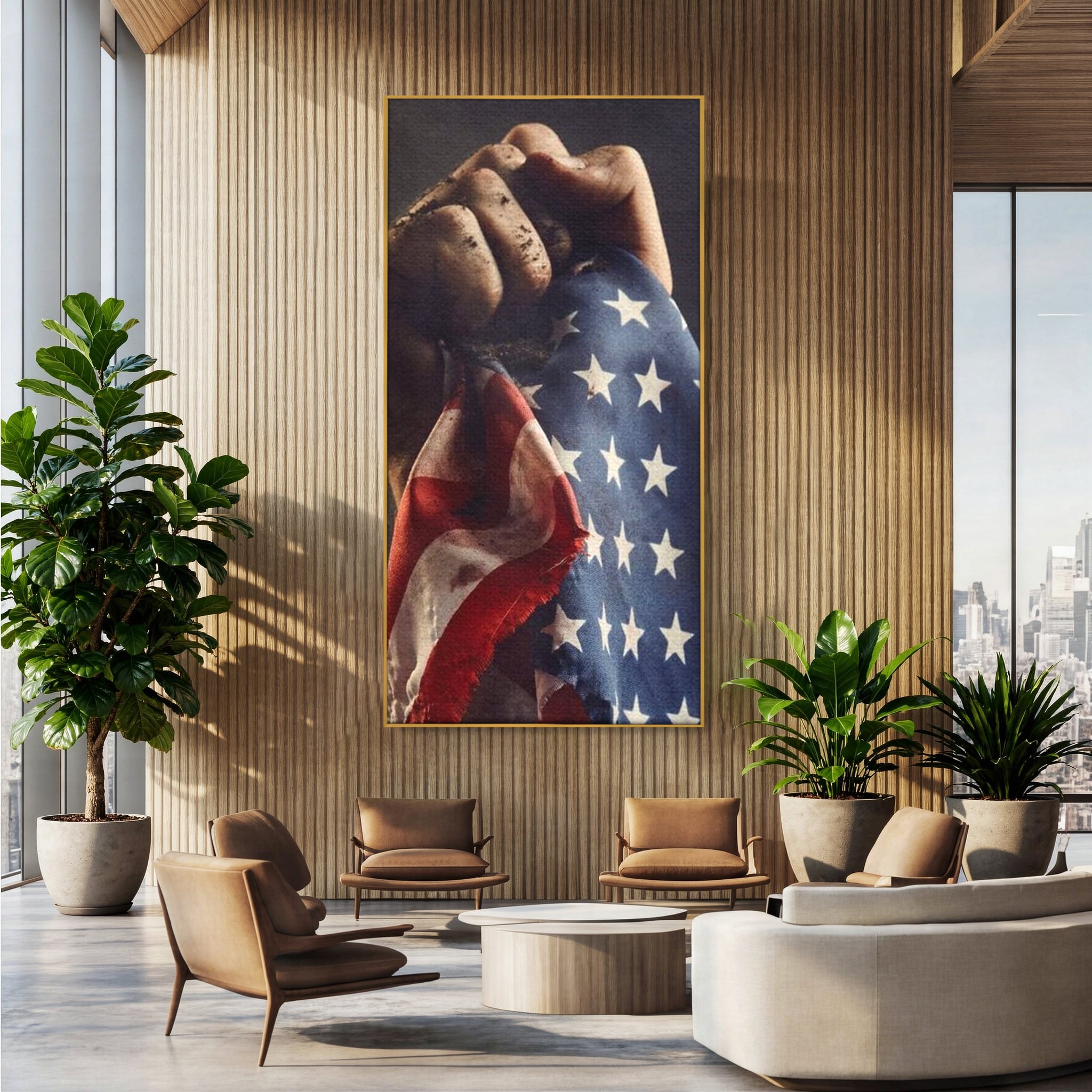 Tablou canvas cu tablou canvas cu mana murdara tinand steagul sua, in rama de aluminiu auriu, pe perete intr-un birou