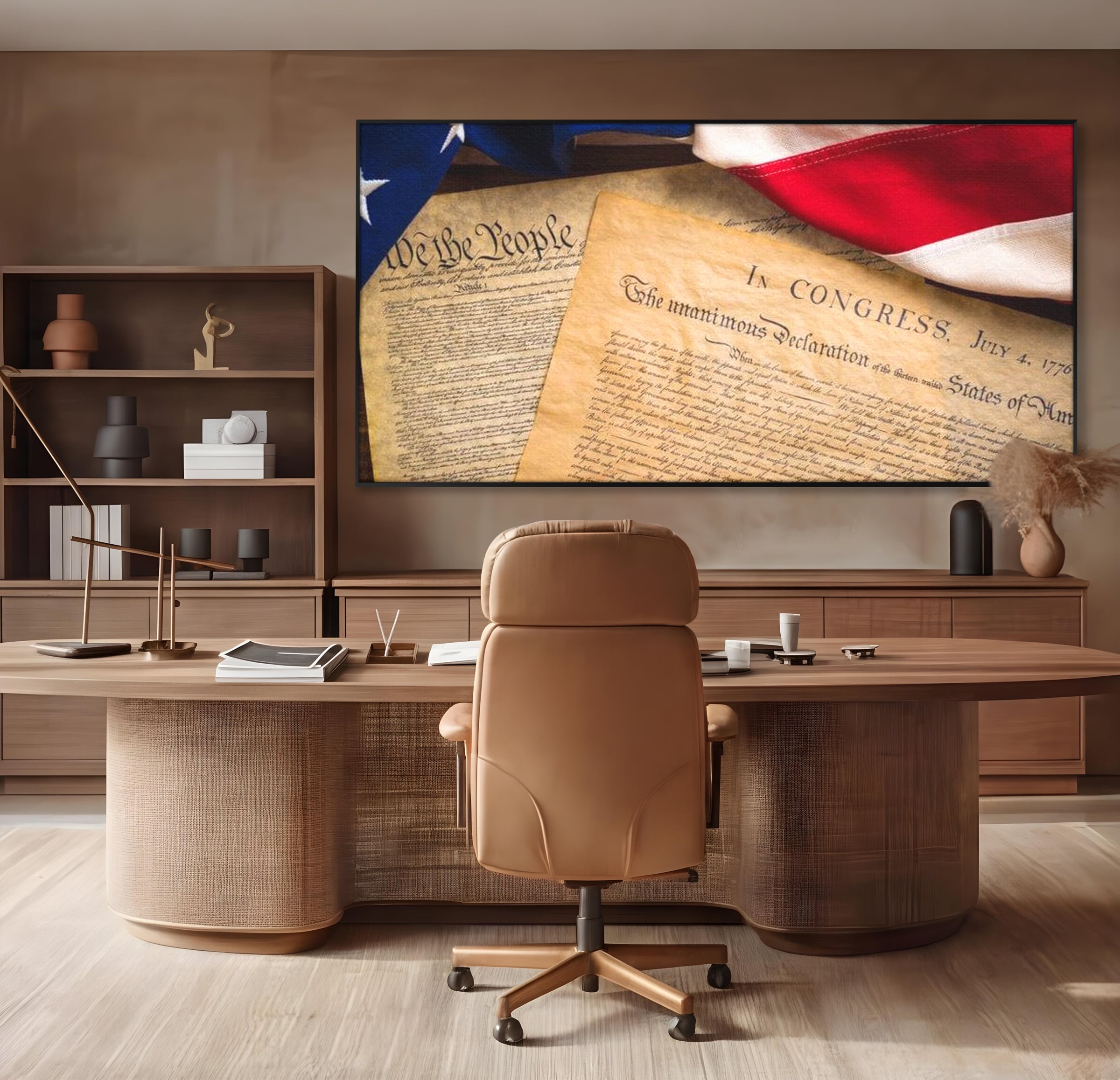 Tablou canvas cu tablou canvas cu steag si documente istorice, in rama de aluminiu negru, pe perete intr-un birou