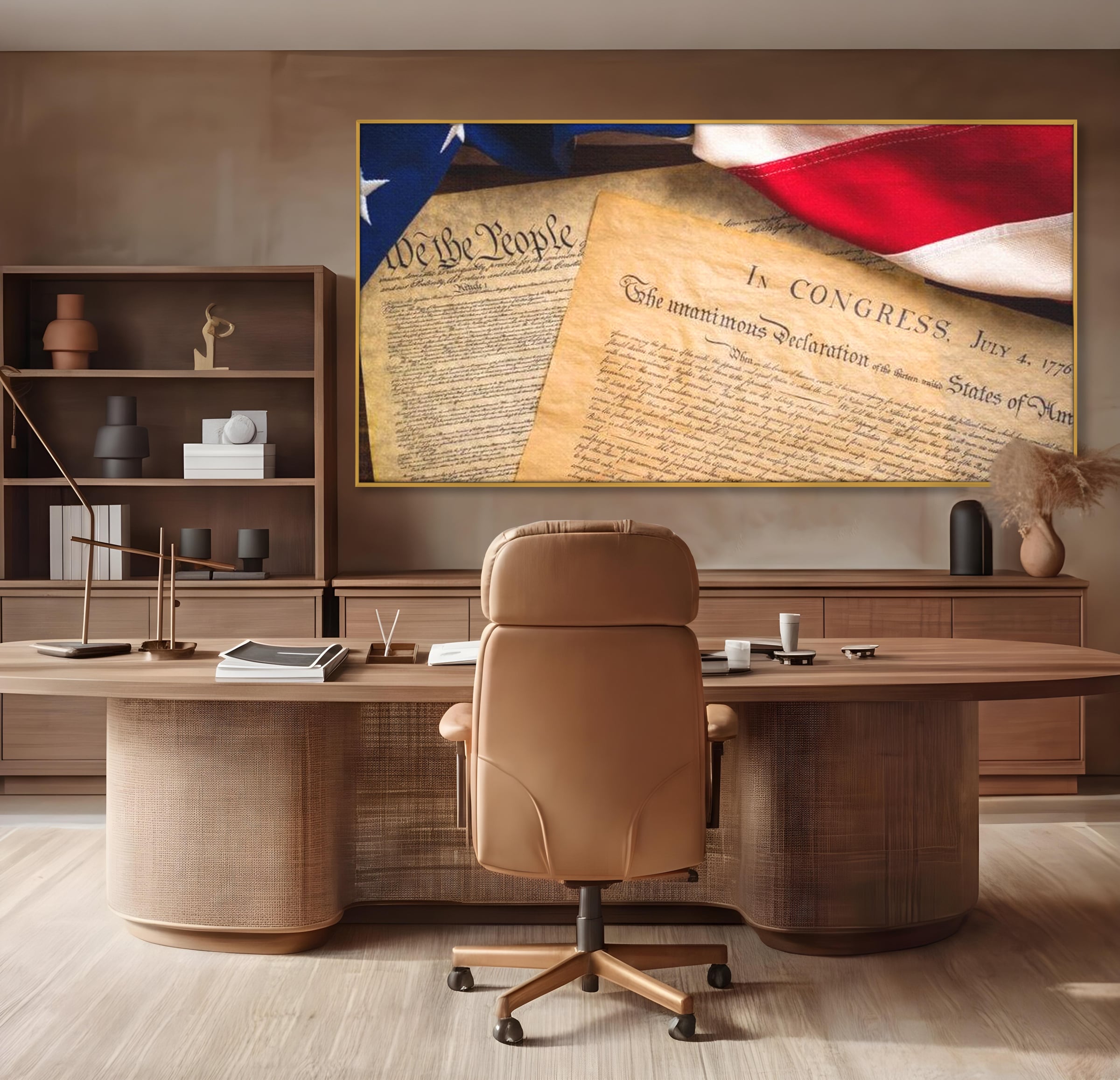 Tablou canvas cu tablou canvas cu steag si documente istorice, in rama de aluminiu auriu, pe perete intr-un birou