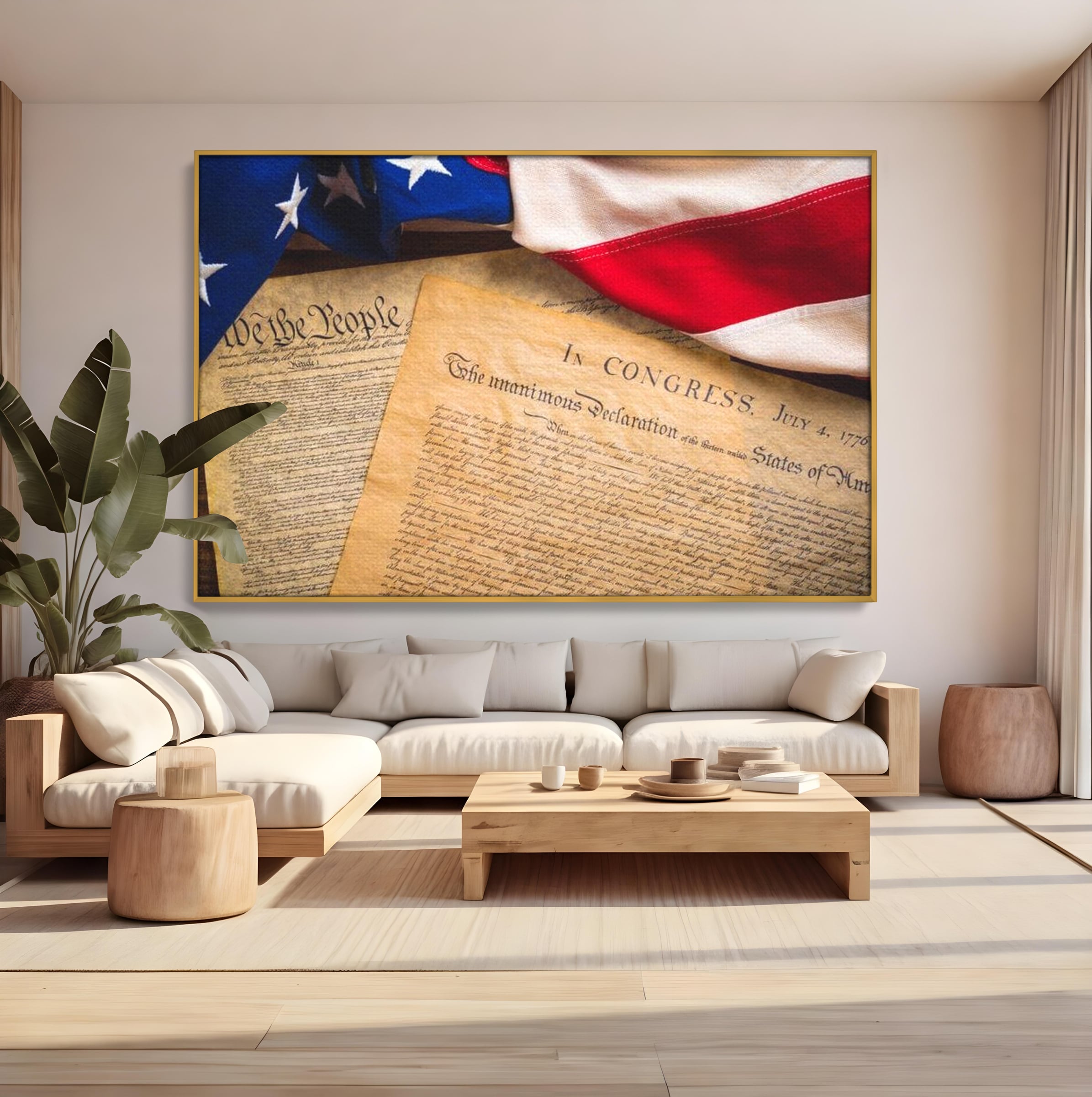 Tablou canvas cu tablou canvas cu steag si documente istorice, in rama de aluminiu auriu, pe perete intr-un living