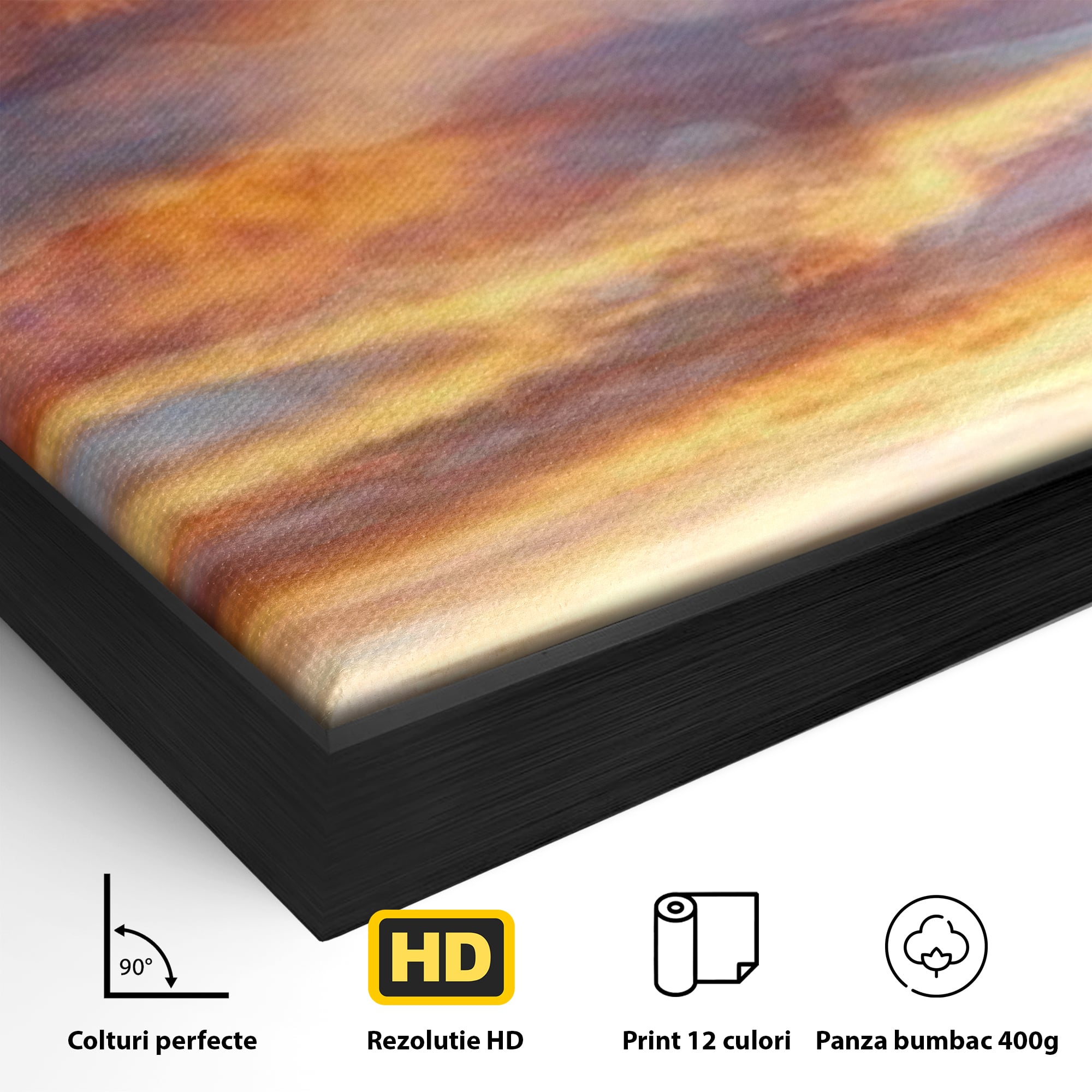Detaliu al suprafetei: tablou canvas cu steagul american si apus, in rama de aluminiu negru