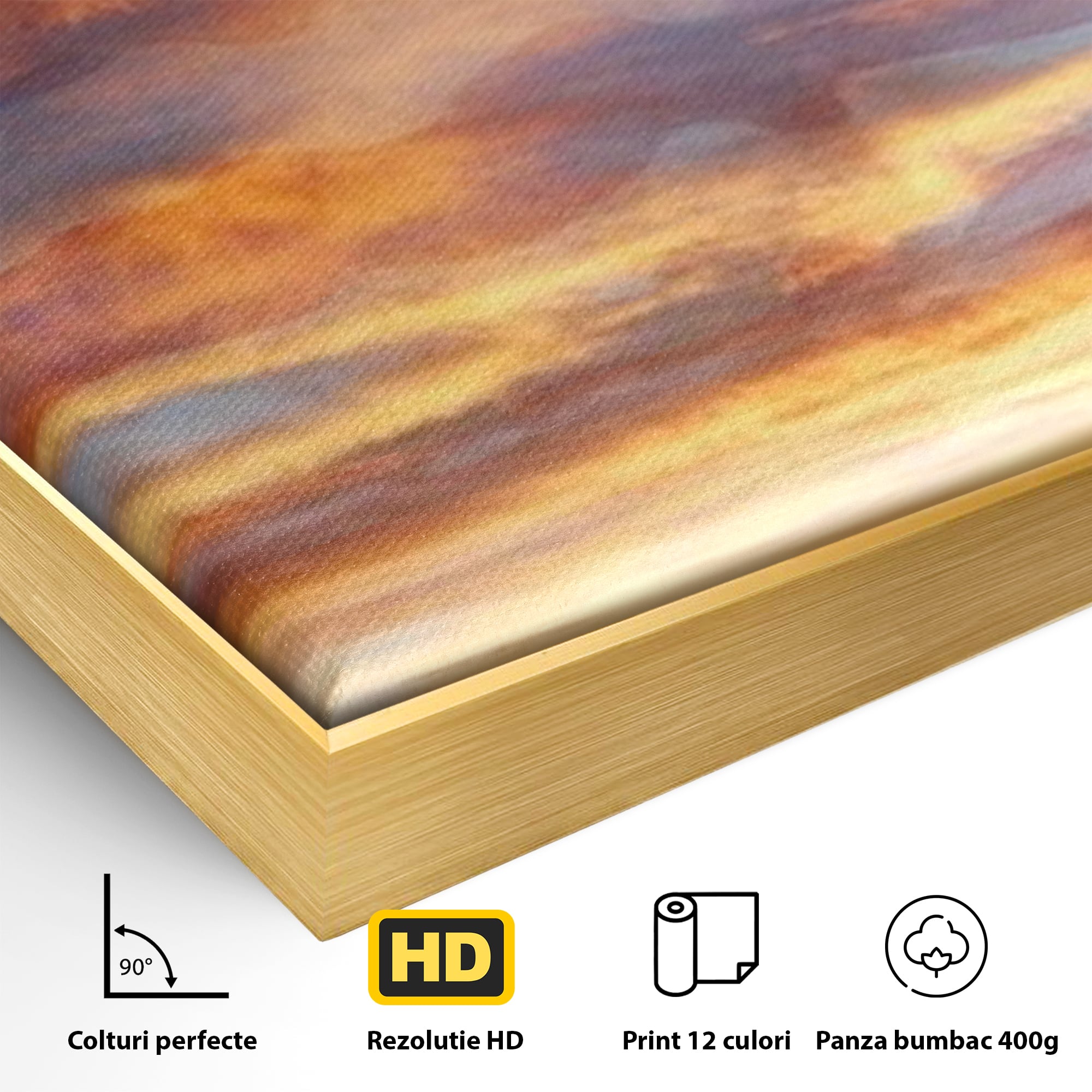 Detaliu al suprafetei: tablou canvas cu steagul american si apus, in rama de aluminiu auriu