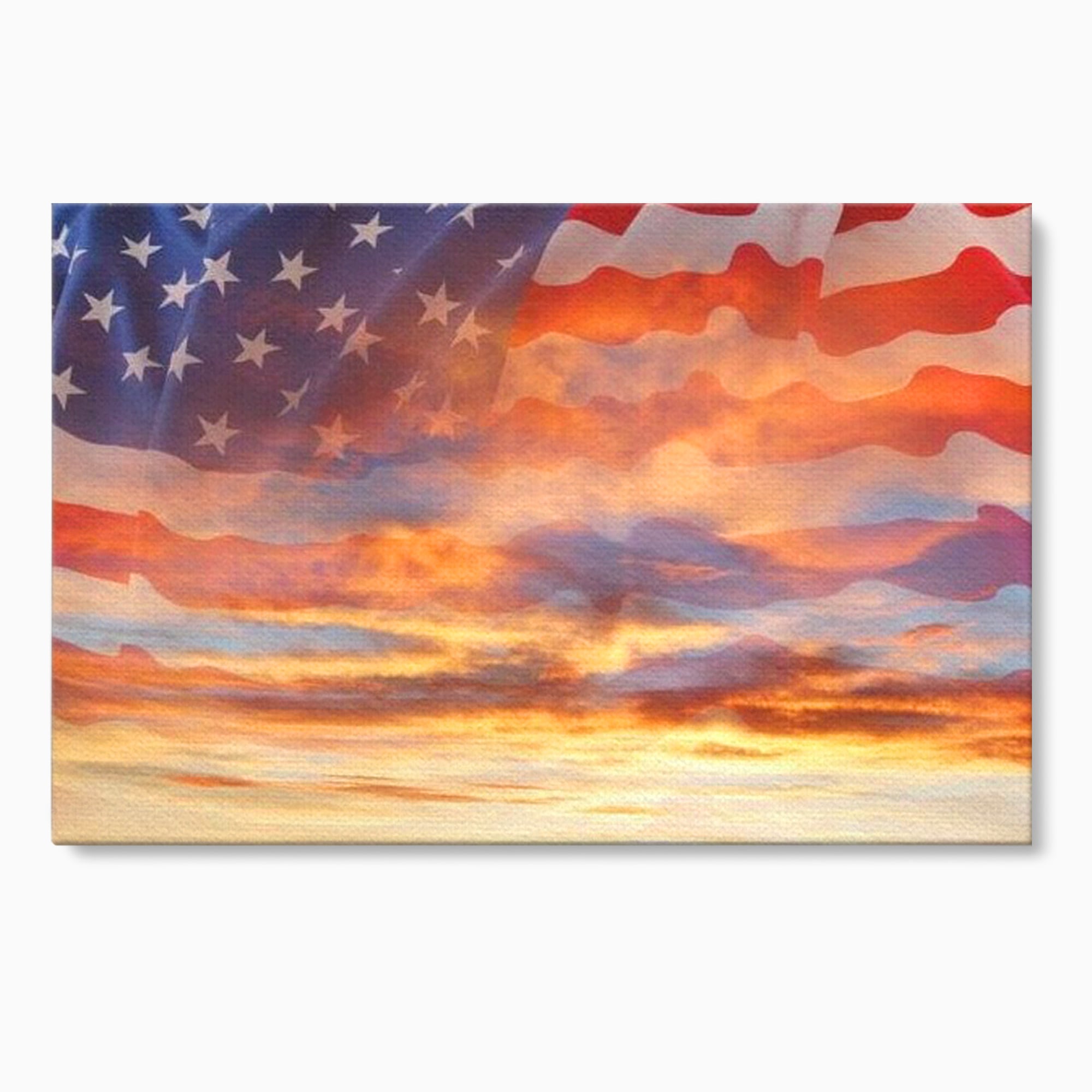 Tablou canvas cu tablou canvas cu steagul american si apus, fara rama, pe sasiu de lemn